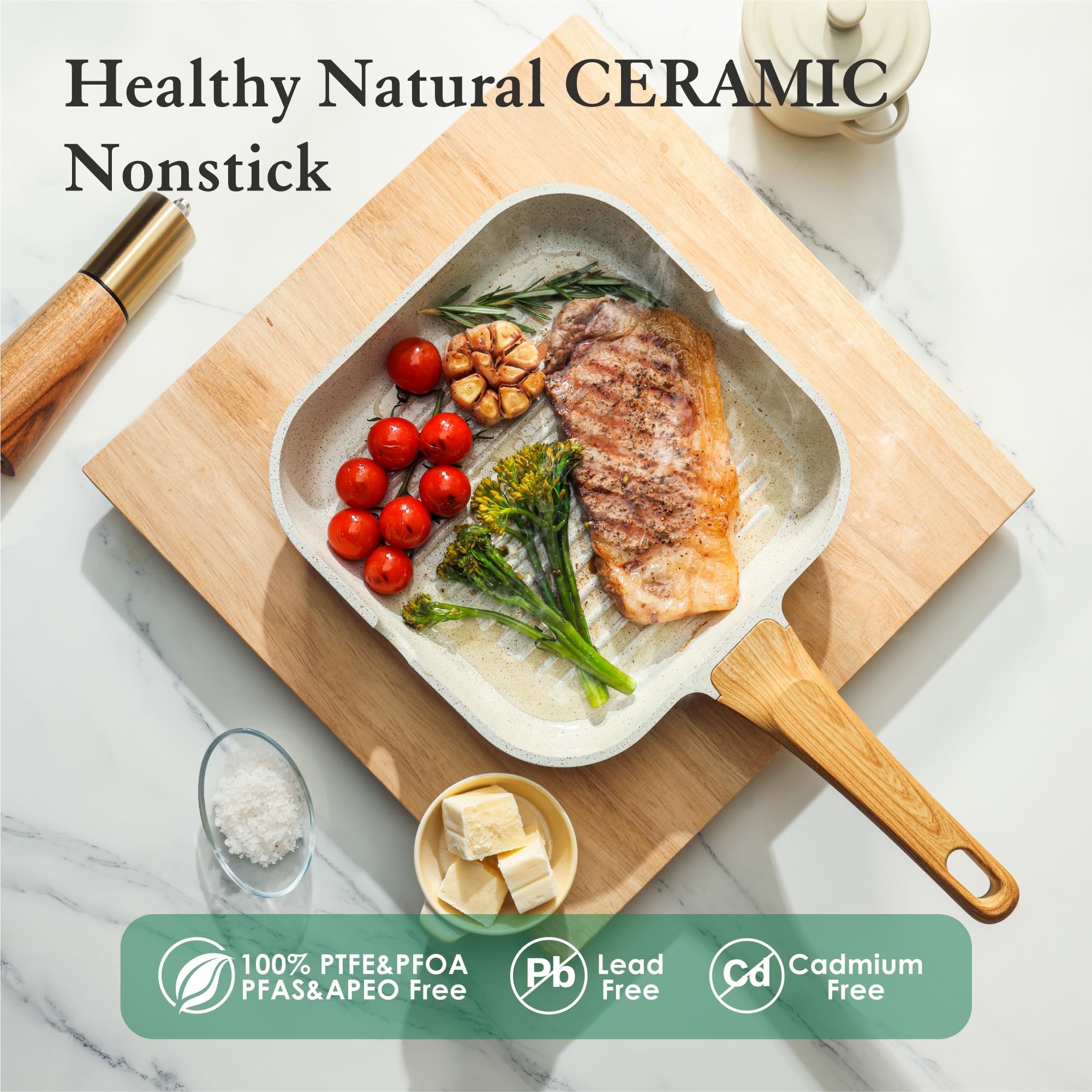 Sensarte Nonstick Ceramic Grill Pan For Stove Tops, Versatile Square Grilling Pan With Pour Spouts, Durable Grill Skillet For Al