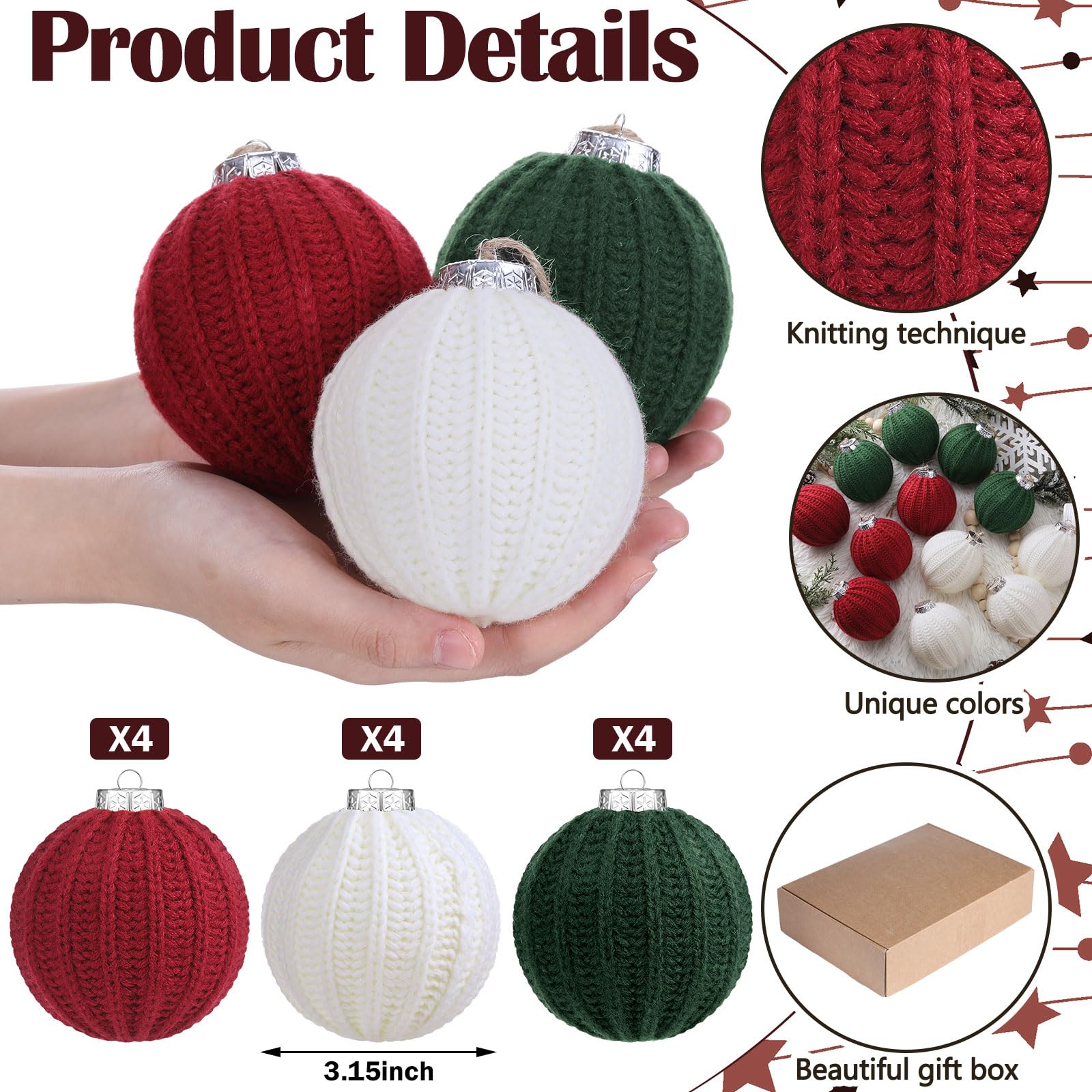 VioraWhite 12 Pcs Red and Green Christmas Ornaments, 3.15 Inch Boho Farmhouse Crochet Christmas Balls Modern Handmade Woven Knit