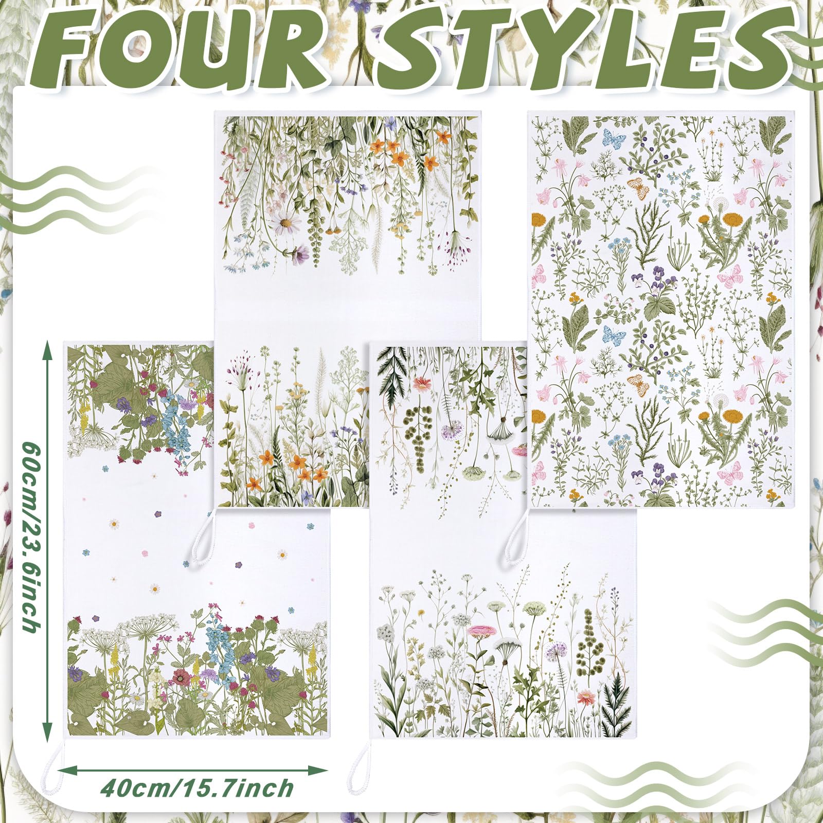 Bencailor 4 Pcs Wild Flower Kitchen Towels Wildflower Floral Hand Dish Towels White Green Leaves Dishcloths Fast Drying Decorati