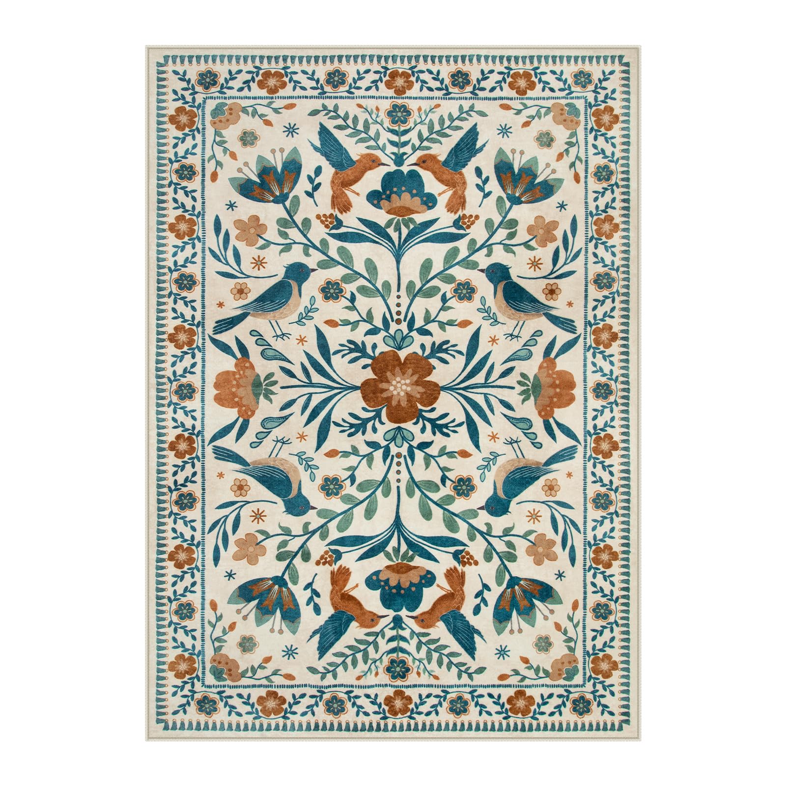 Moynesa Boho Birds Area Rugs 5x7 Washable Rug, Floral Rugs for Living Room Low-Pile Soft Bedroom Rug, Jungle Animal Beige Dining