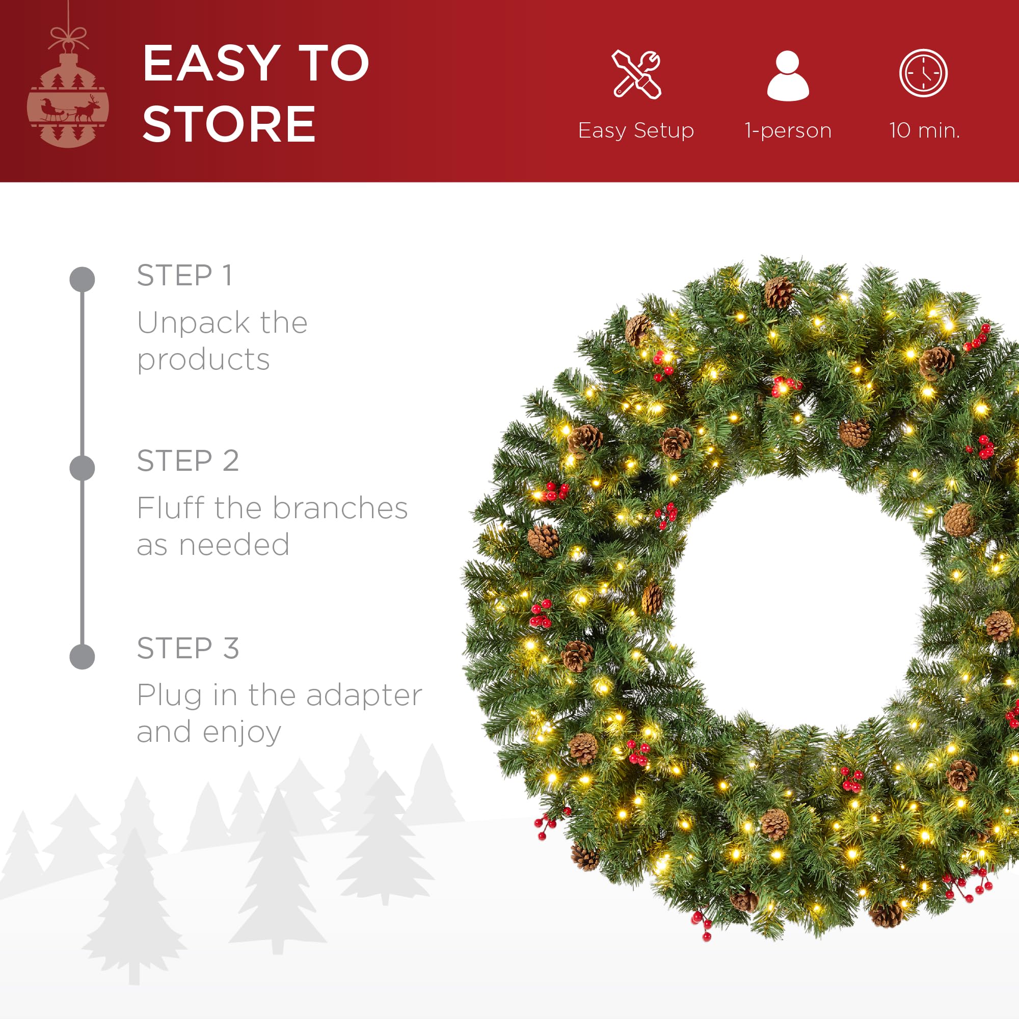 Best Choice Products 36in Pre-Lit Christmas Wreath w/Berries & Pinecones, Large Artificial Indoor/Outdoor Decor for Door, Mantel