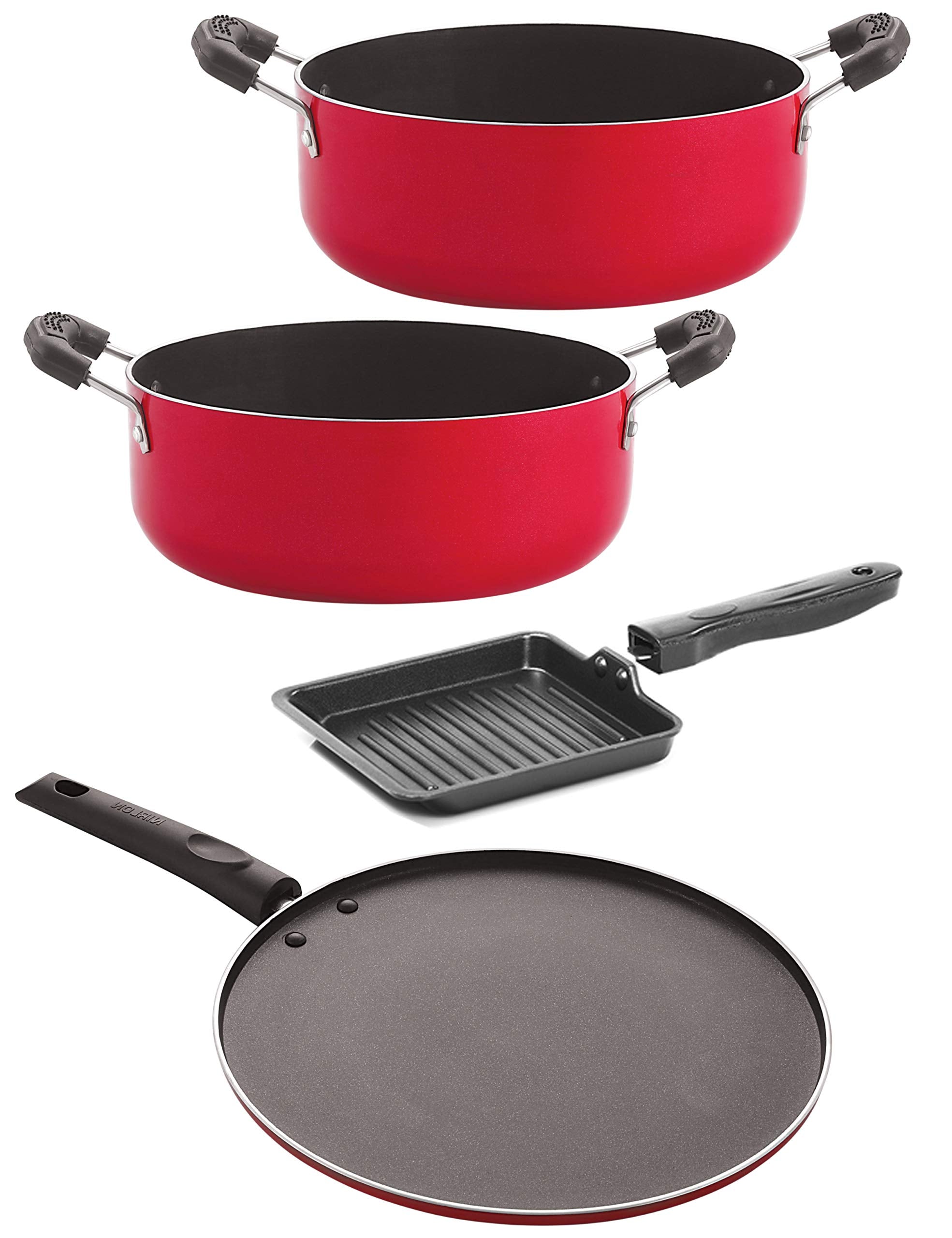 Nirlon NonStick Casserole Smart Tawa Small Grill Pan Casserole Aluminium Cookware Set, 4Pieces, Red/Black(Cs20_St11_Sgp_Cs24)