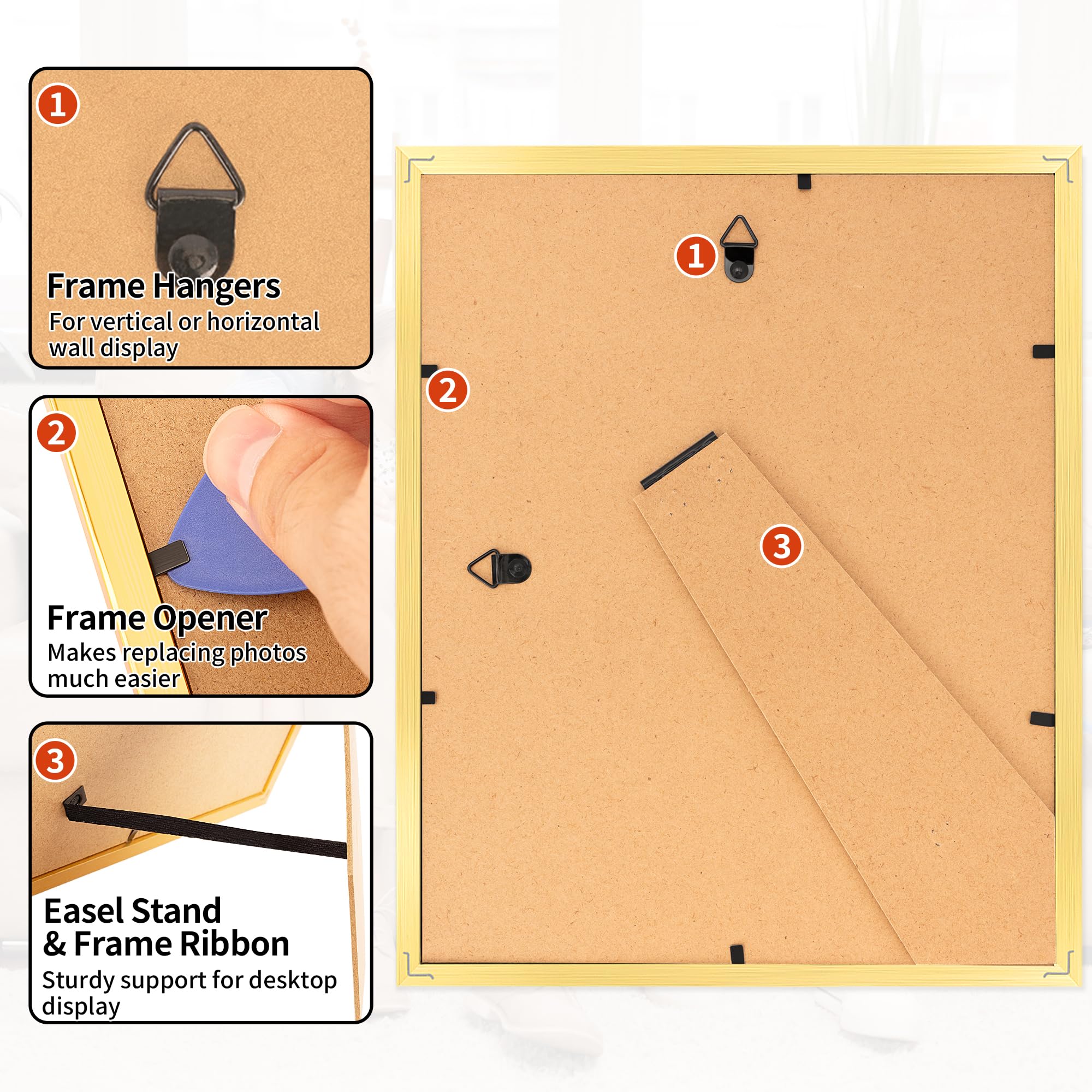 HOMERHYME Picture Frames 8x10, Set of 2 Gold Photo Frame for Tabletop or Wall Display, Display Pictures 5x7 with Mat or 8 x 10 W