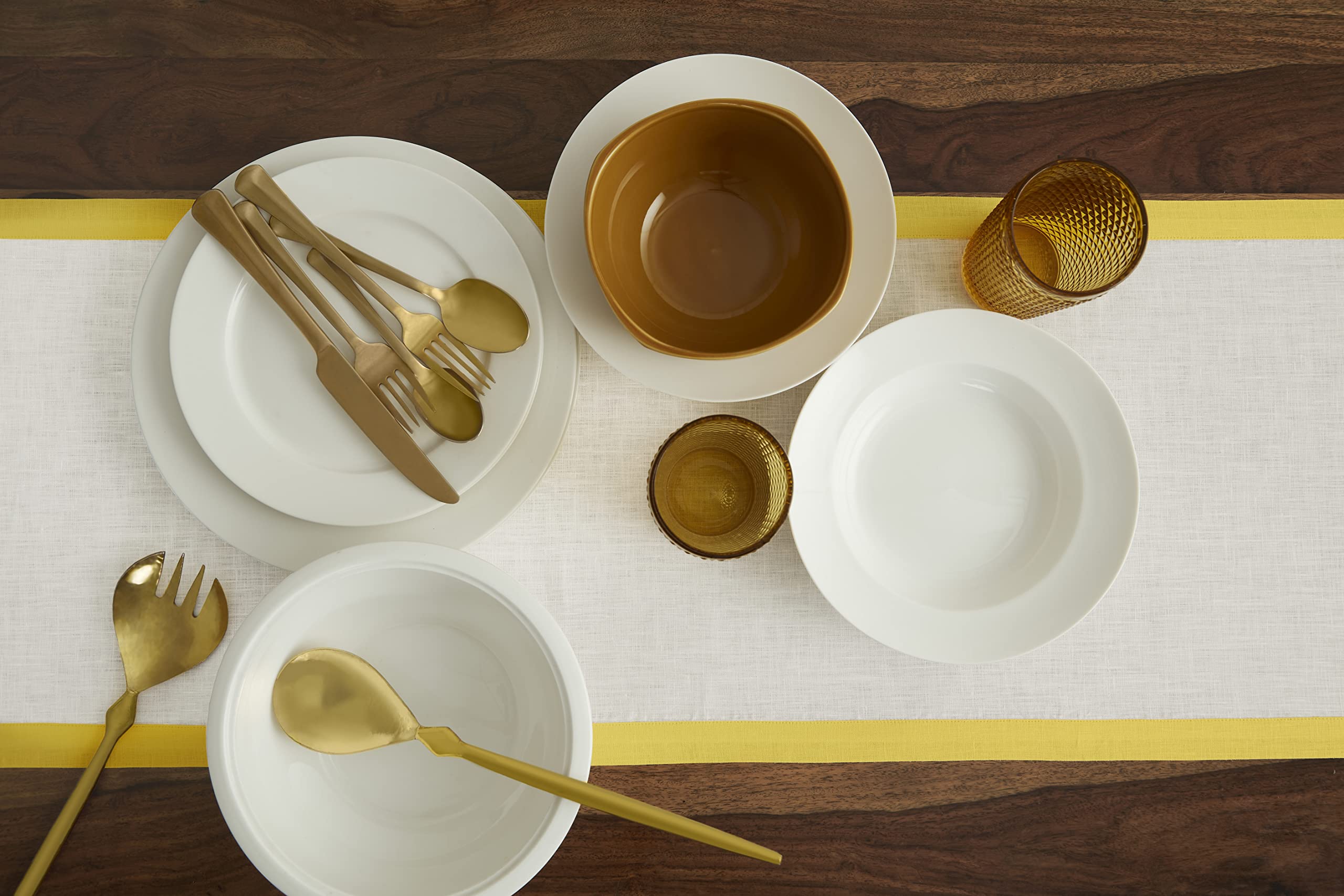 Solino Home Linen Table Runner - Sunshine Yellow and White 14 x 36 Inch - 100% Pure Linen Classic Table Runner for Spring  Summer - Handcrafted from European Flax and Machine Washable