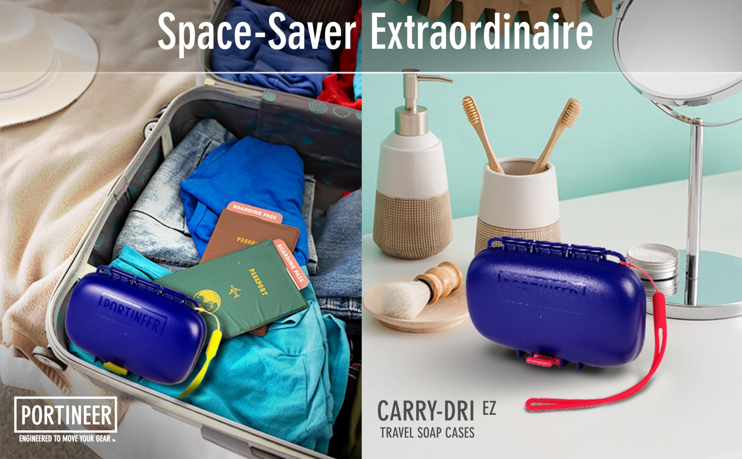 PORTINEER Carry-Dri EZ Travel Soap Container Soap Bar Case Lets Soap Dry with Lanyard  Silicone Closure  Soap Holder Travel  Leakproof Soap Box with Patented Vents  Travel Soap Dish  Blue - Red