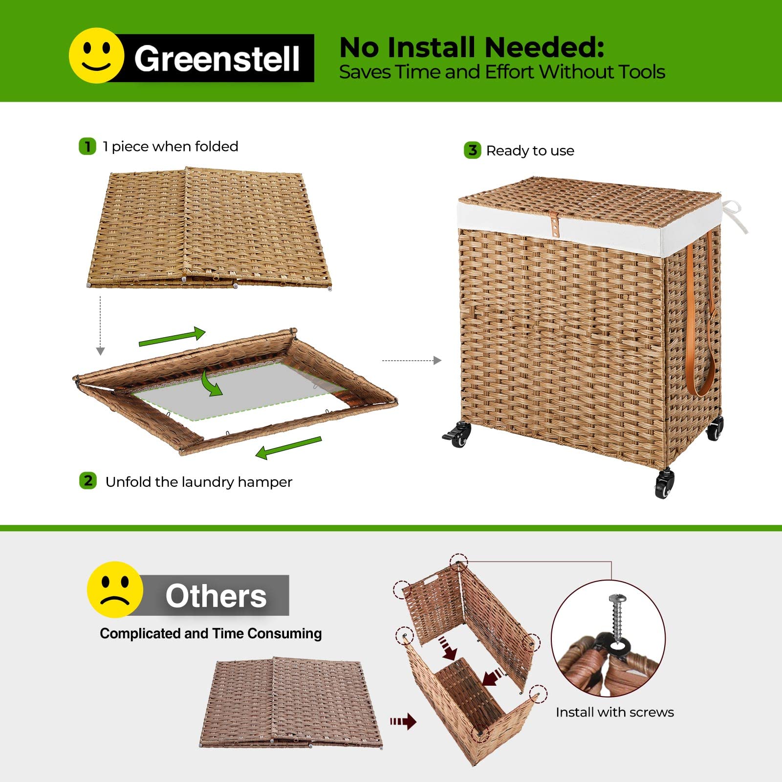Greenstell Laundry Hamper with Wheels  No Install Needed  110L Divided Handwoven Hampers & 2 Removable Liner Bags  Synthetic Rattan Clothes Laundry Basket with Lid & Handles  Foldable Hampers Natural