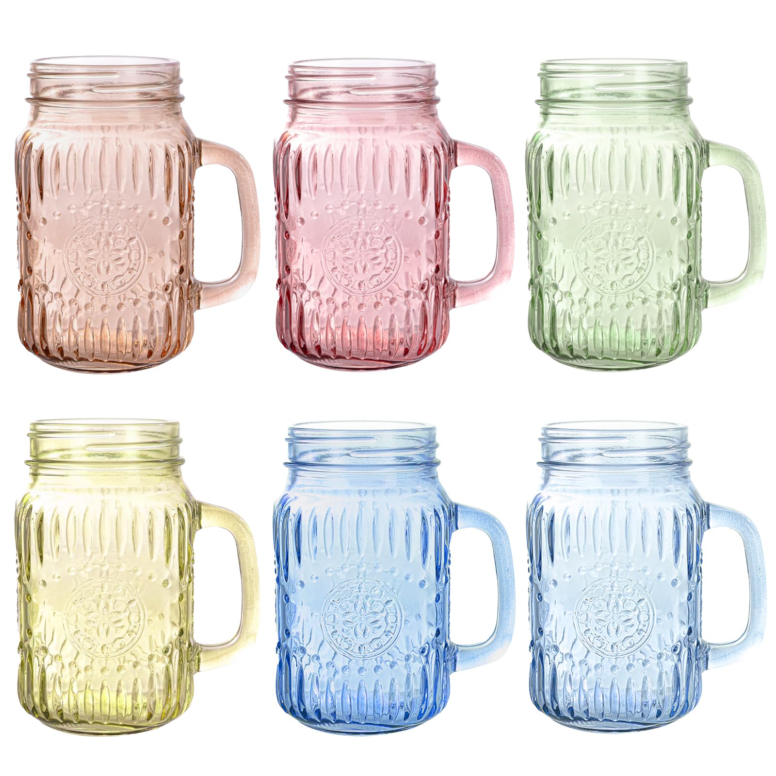 SUT 16 oz Colored Glass Mason Jar Mugs with Handles, Set of 6 Wide Mouth Drinking Glasses, LeadFree FoodGrade Glass Cups for J