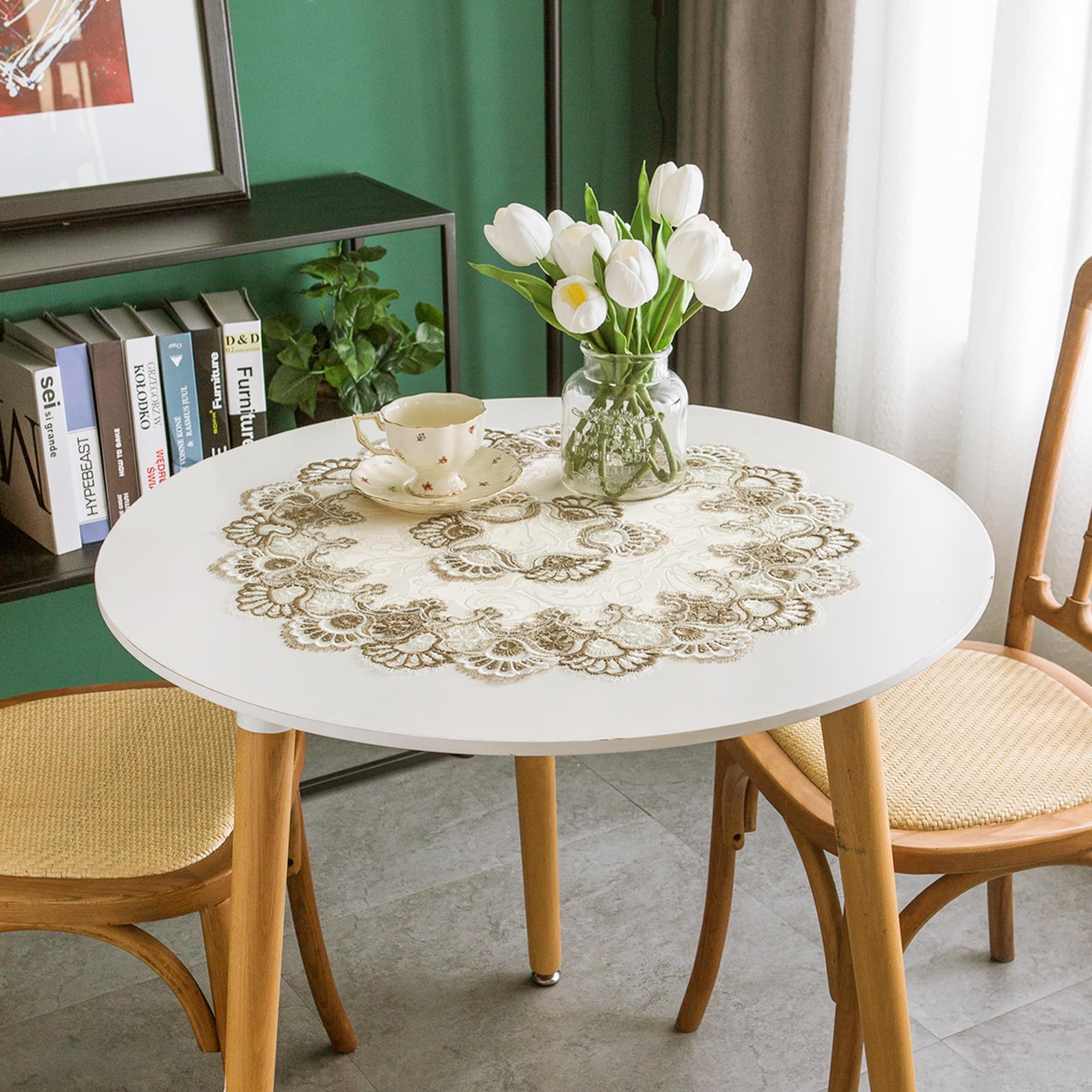 Lace Small Round Tablecloth Doilies Table Topper Scarf Embroidered Farmhouse Table Cloth With Macrame Border For Dresser Wedding