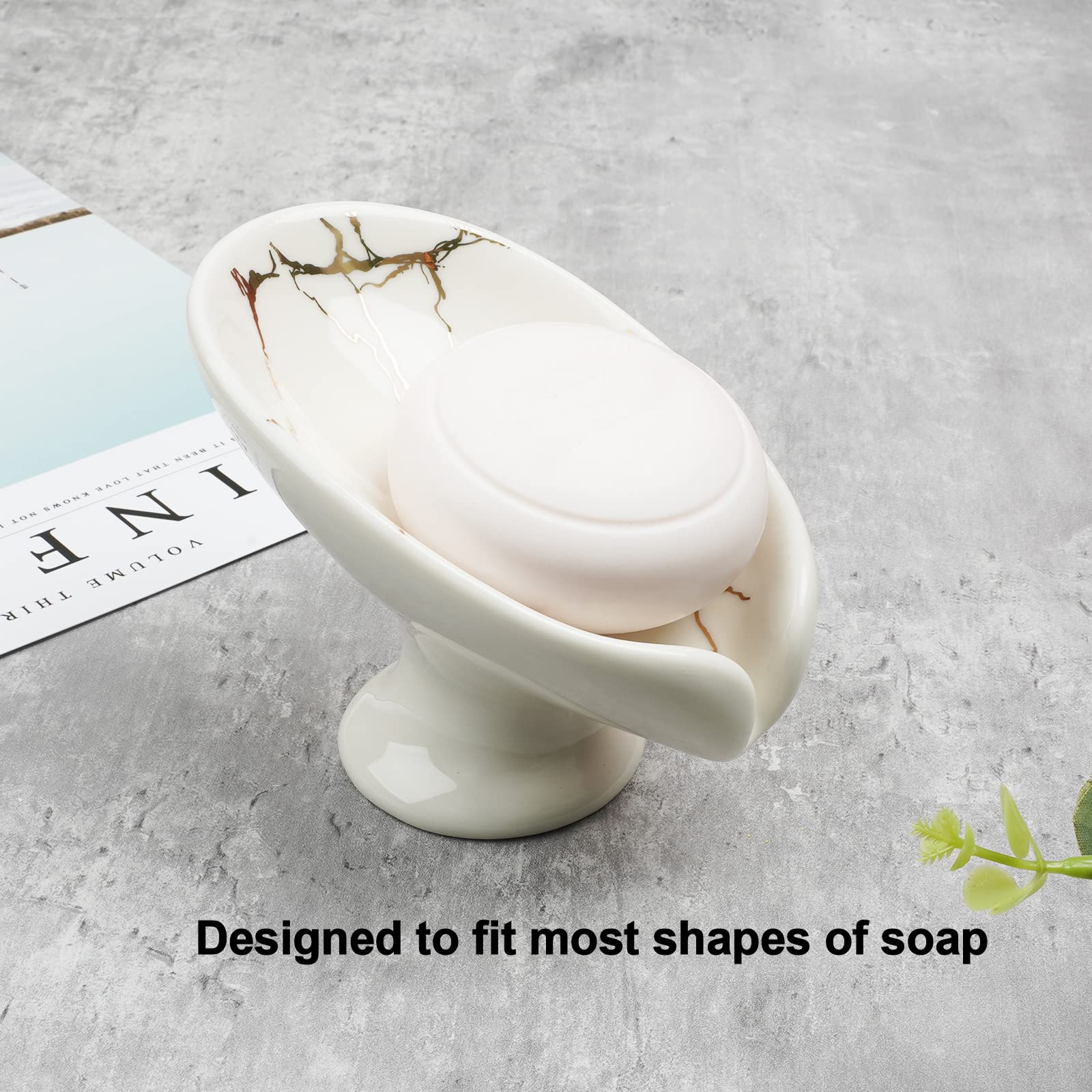Self-Draining Soap Dish White Ceramic with Marble Brush Gold Soap Holder Waterfall Soap Dish Soap Savers for Bar Soap  for Bathroom  for Shower  for Bar Counter.