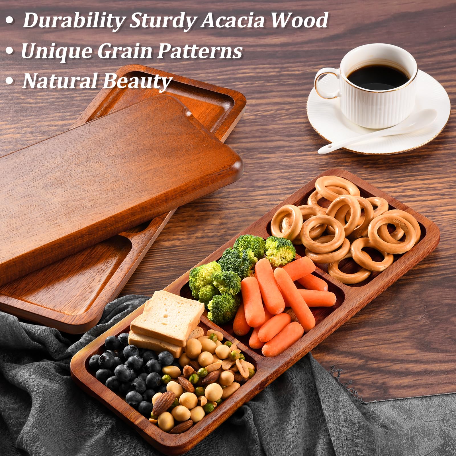 Lorbro Acacia Wood Serving Tray, 14'' X 5.5'' Wooden Serving Platter, 3 Section Rectangular Wooden Trays For Food, Cheese, Snack