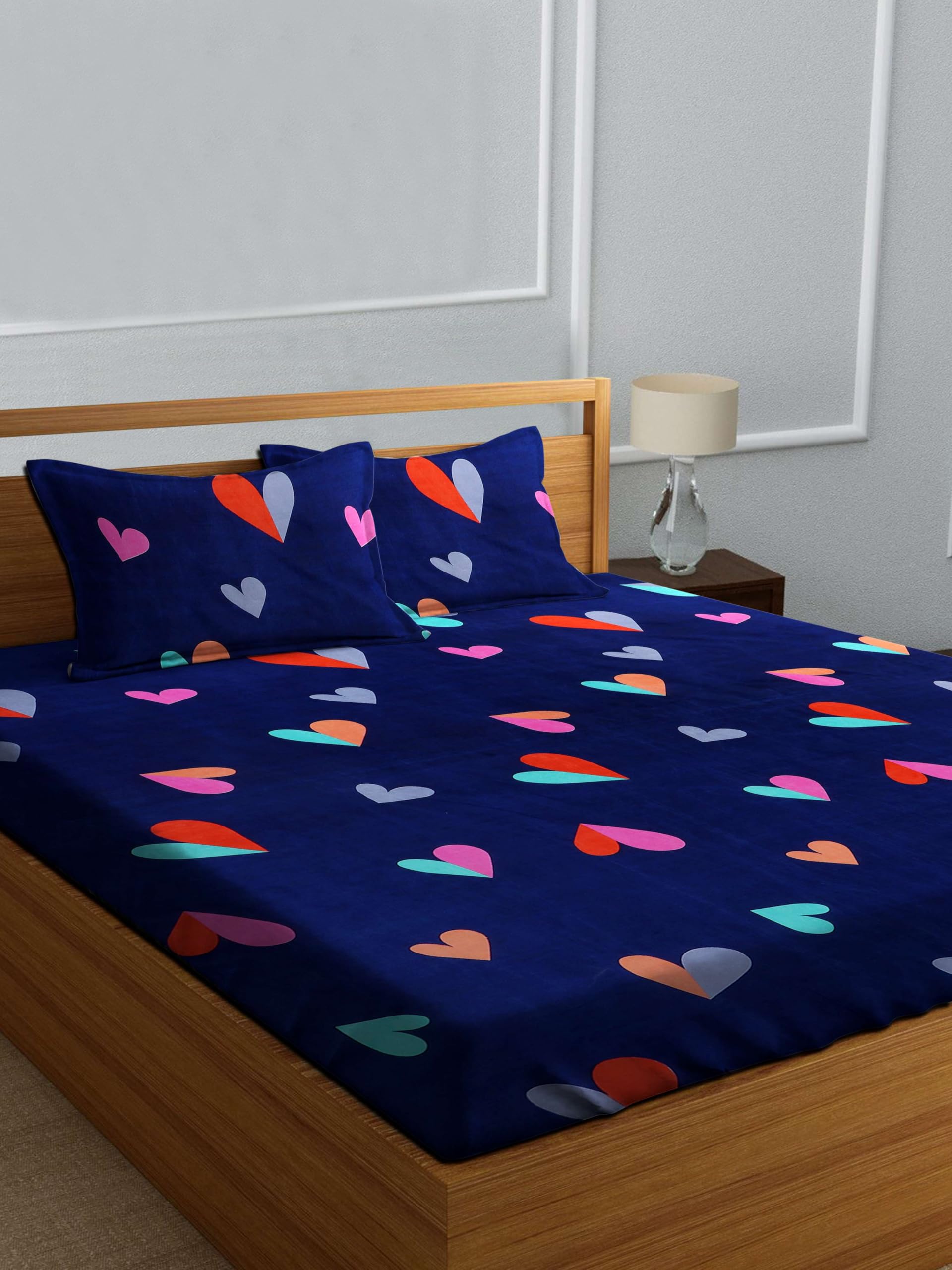 Decorum Heart Print Double Bedsheet Set | 228 x 220 cm Cotton Blend Bedsheet with 2 Pillow Covers | Navy Blue Colorful Love Patt
