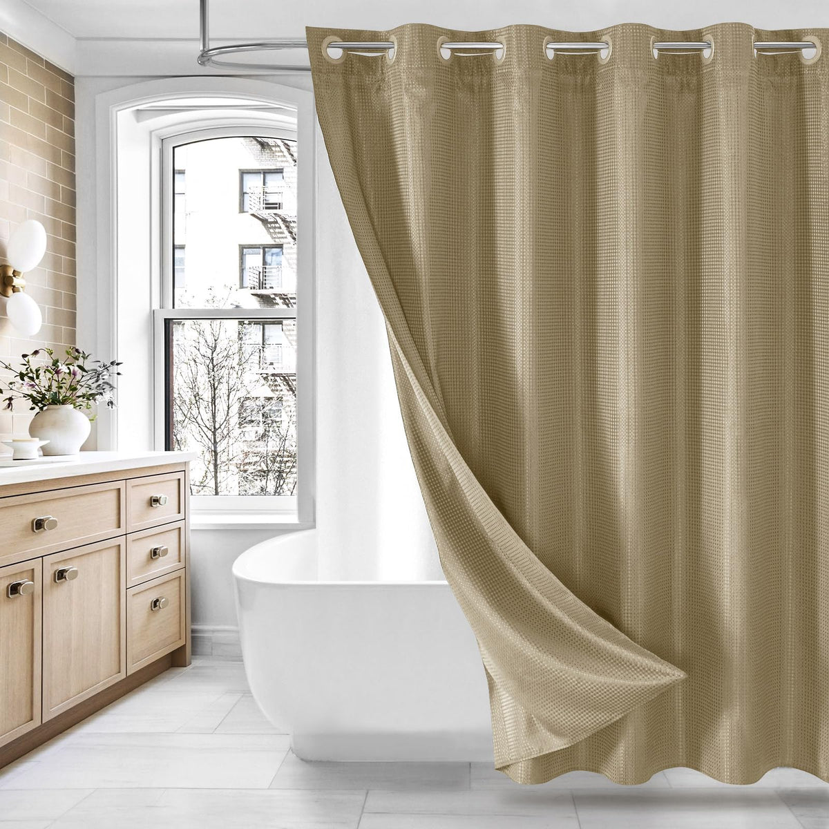 Mitovilla No Hooks Needed Beige Waffle Shower Curtain With Snap-In Liner, Modern Waffle Weave Heavy Duty Fabric Cloth Shower Cur