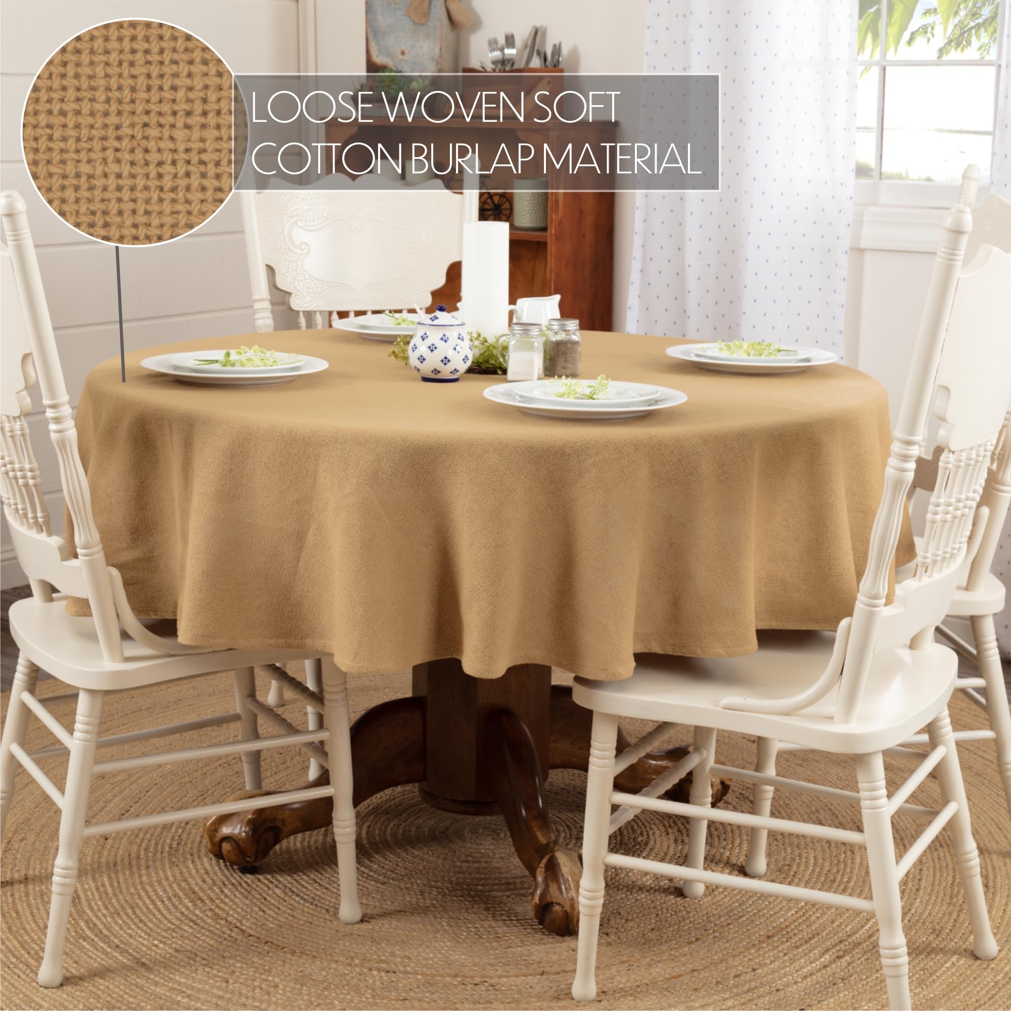 VHC Brands Burlap Farmhouse Dining Room  Kitchen Table Cloth Soft Tailored Woven Cotton in Natural Tan 60x60