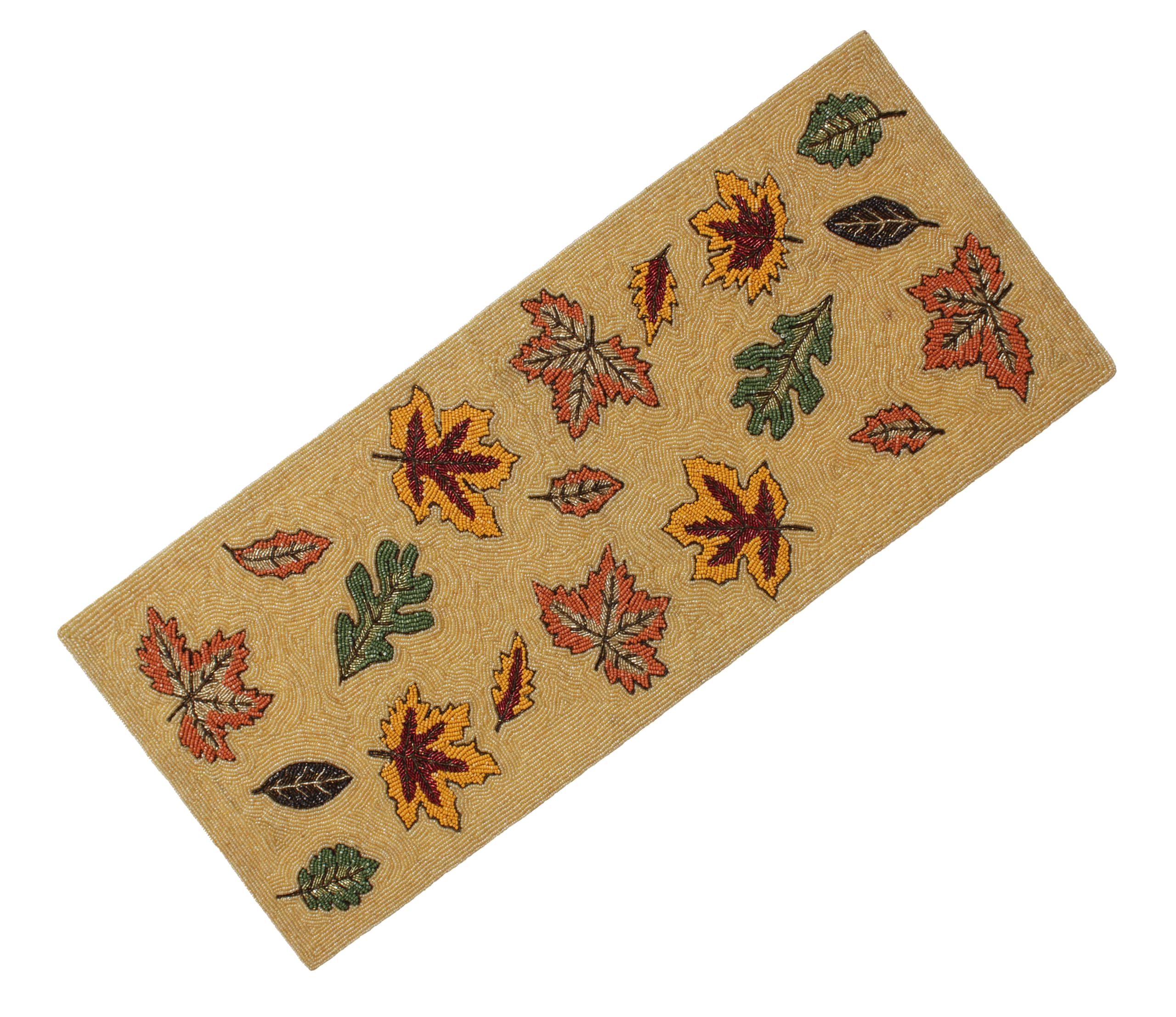 COTTON CRAFT Harvest Beaded Table Runner - Scattered Leaves Handmade Fall Tablerunner - Thanksgiving Autumn Foliage Christmas Ce