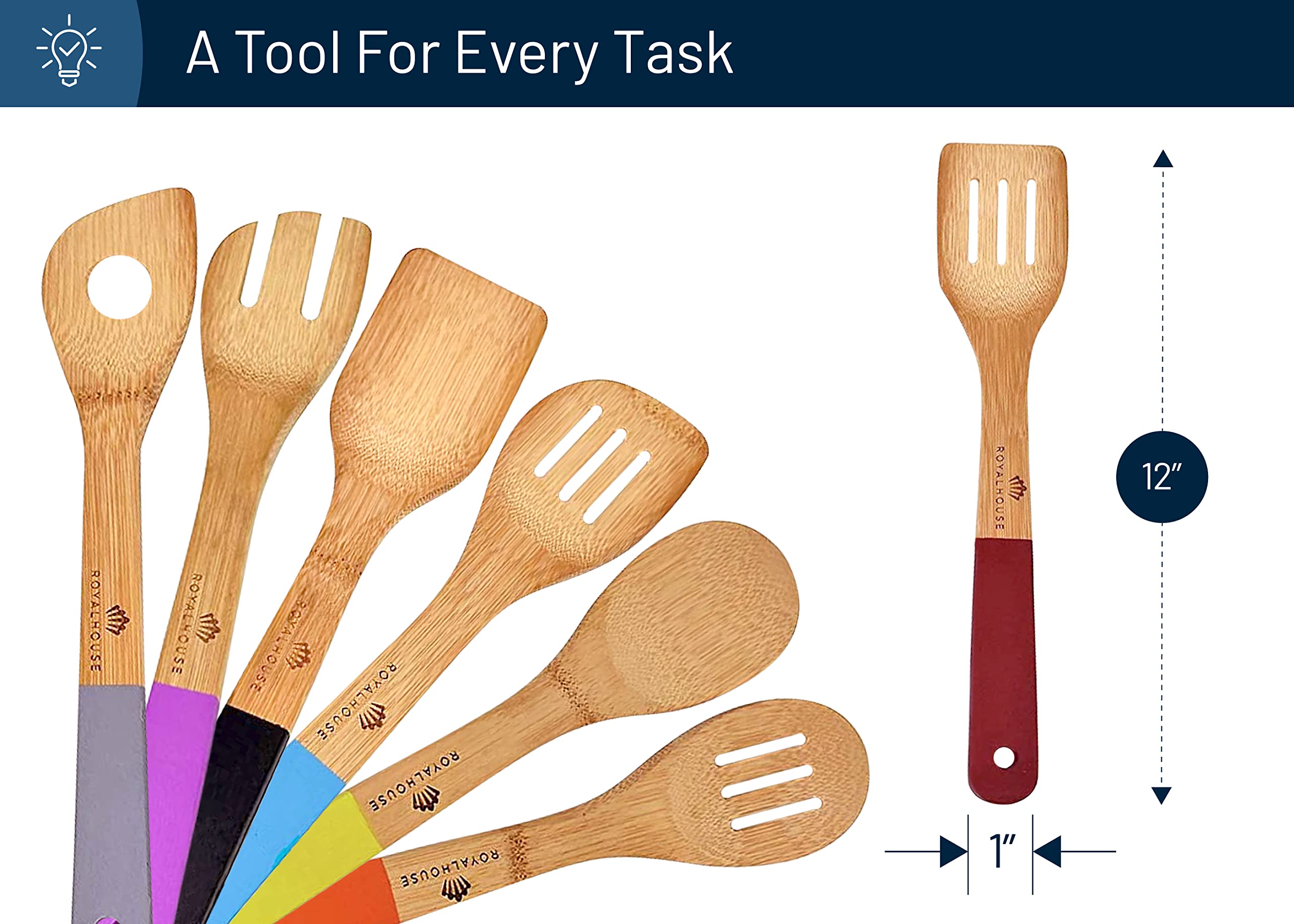 Royalhouse Wooden Kitchen Utensils Set, 7 Piece Bamboo Cooking Tools, Cooking Spoons And Spatulas With Colored Handles, Non-Stic