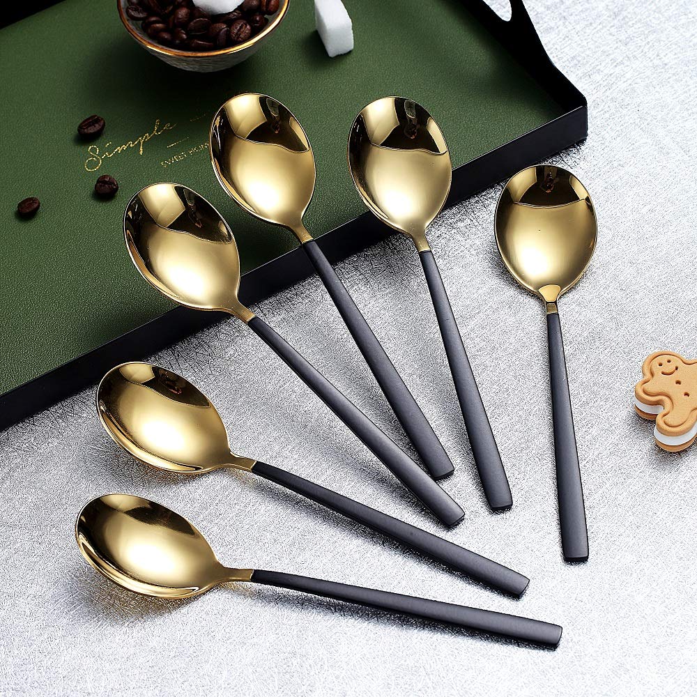Teaspoons 6 Pieces Black And Gold Plating Coffee Spoons  Homquen 6.3'' Modern Design Stainless Steel Tea Spoons Set  Small Spoon Silver Dishwasher Safe