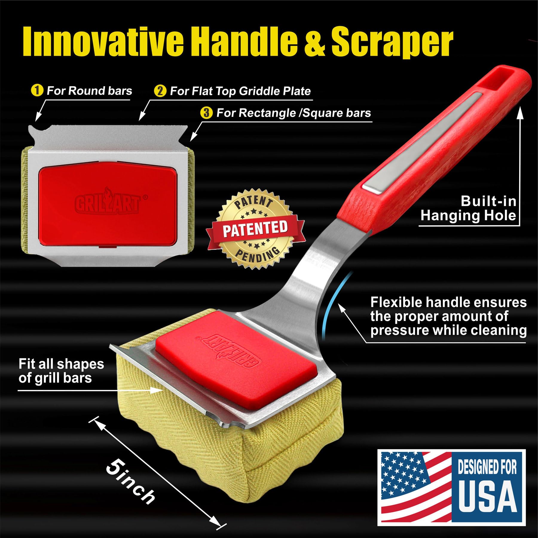 Grillart Grill Brush Bristle Free. Steamwizards Bbq Replaceable Cleaning Head, Unique Seamless-Fit Scraper Tool For Cast Iron/St
