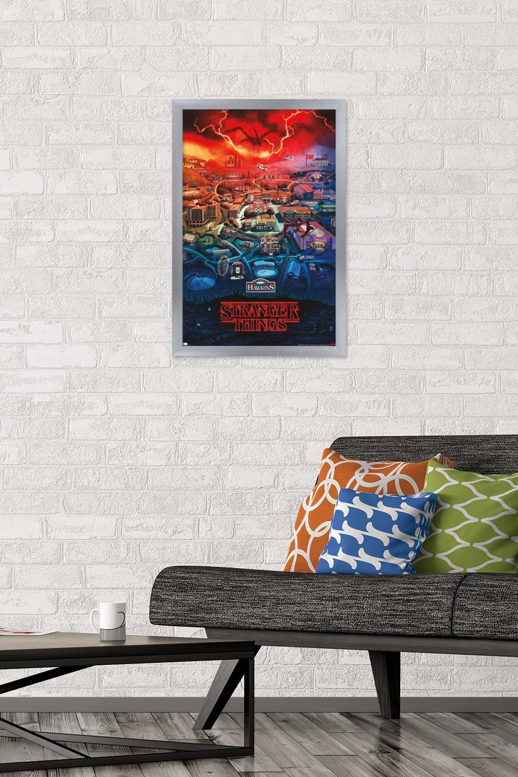 Trends International Netflix Stranger Things: Season 4 - Hawkins, Indiana Wall Poster, 14.725'' X 22.375'', Silver Framed Versio