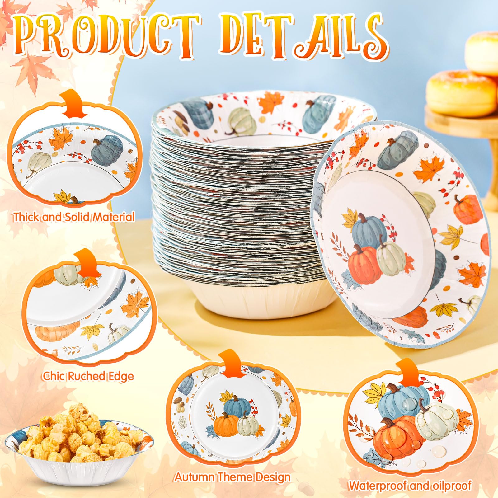 Sliner 50 Pcs 16 oz Thanksgiving Paper Bowl Pumpkin Autumn Maple Leaves Disposable Fall Thanksgiving Soup Bowl for Holiday Party
