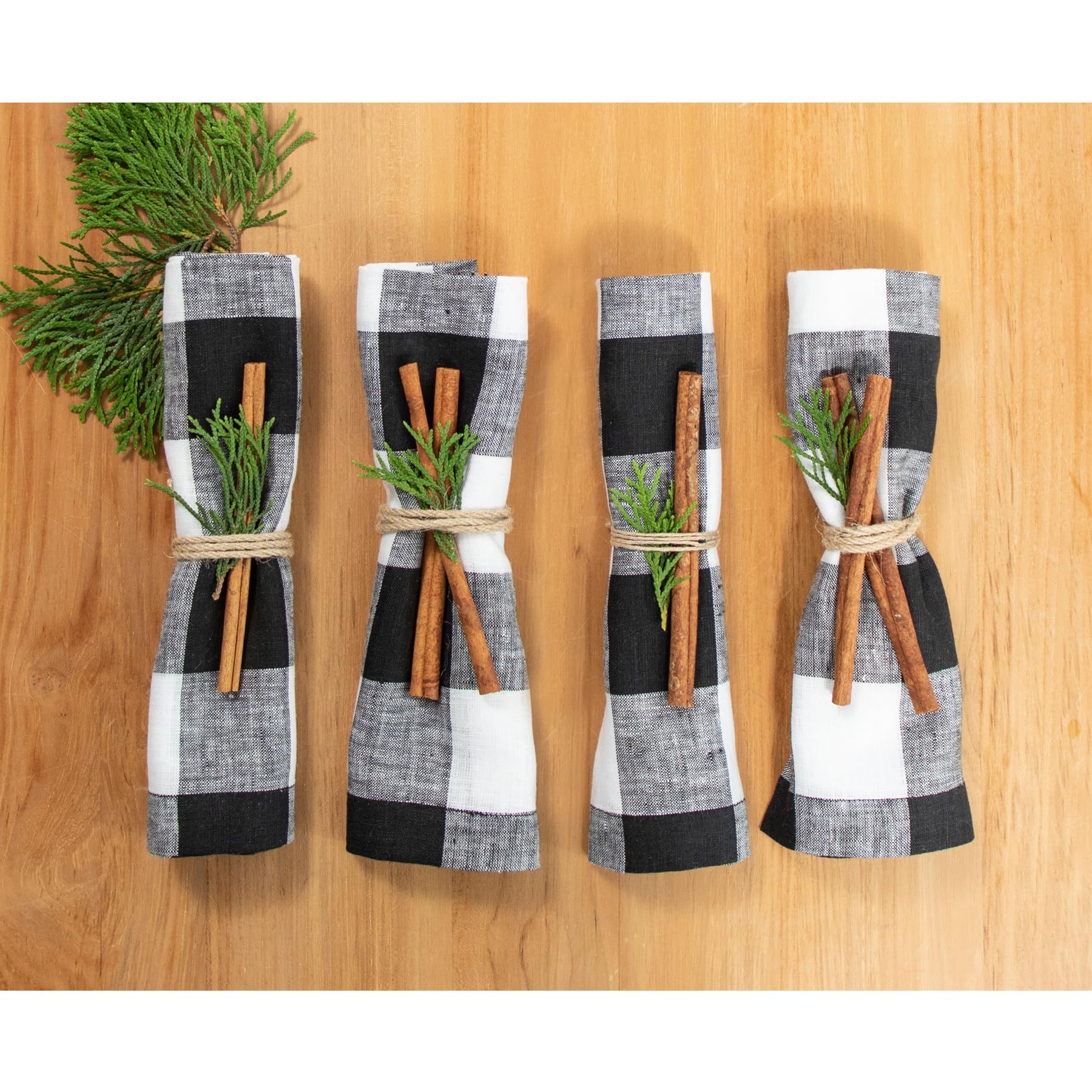 Solino Home Buffalo Check Linen Dinner Napkins 20 X 20 Inch - 100% Pure Linen Black And White Plaid Cloth Napkins Set Of 4 For S