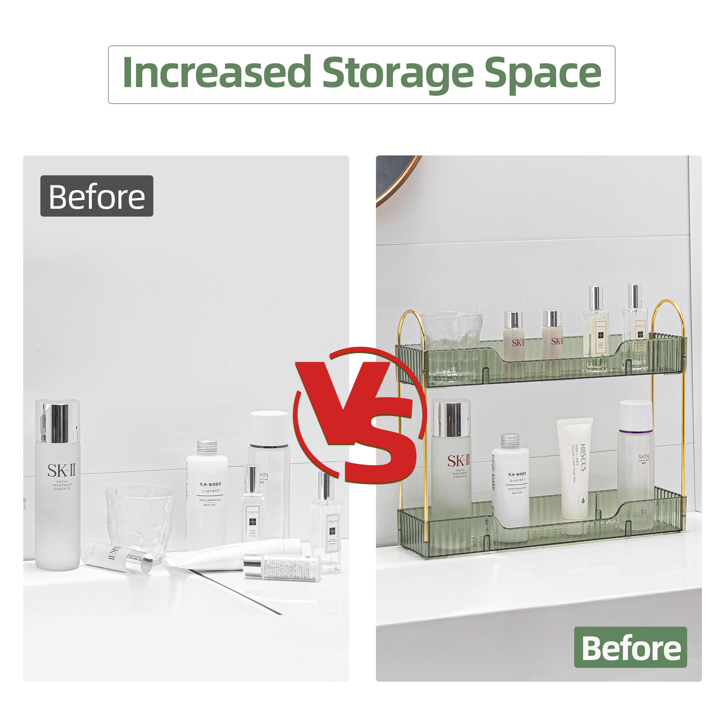 Ycia&Done 2 Tiers Narrow Vanity Makeup Organizer, Bathroom Organizer Countertop Slim, Perfume Holder Skincare Storage Cosmetic S