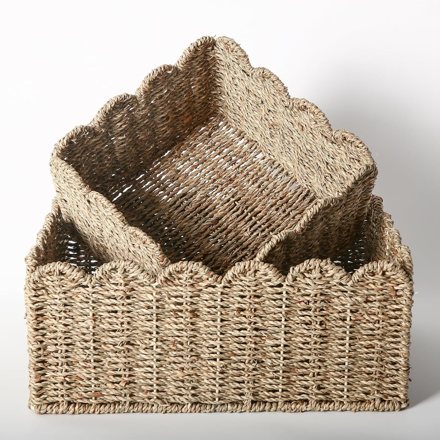 Scalloped Edge Basket, Wicker Storage Baskets, Hand Woven Baskets For Shelves,Natural Baskets For Organizing (Seagrass(S+M))