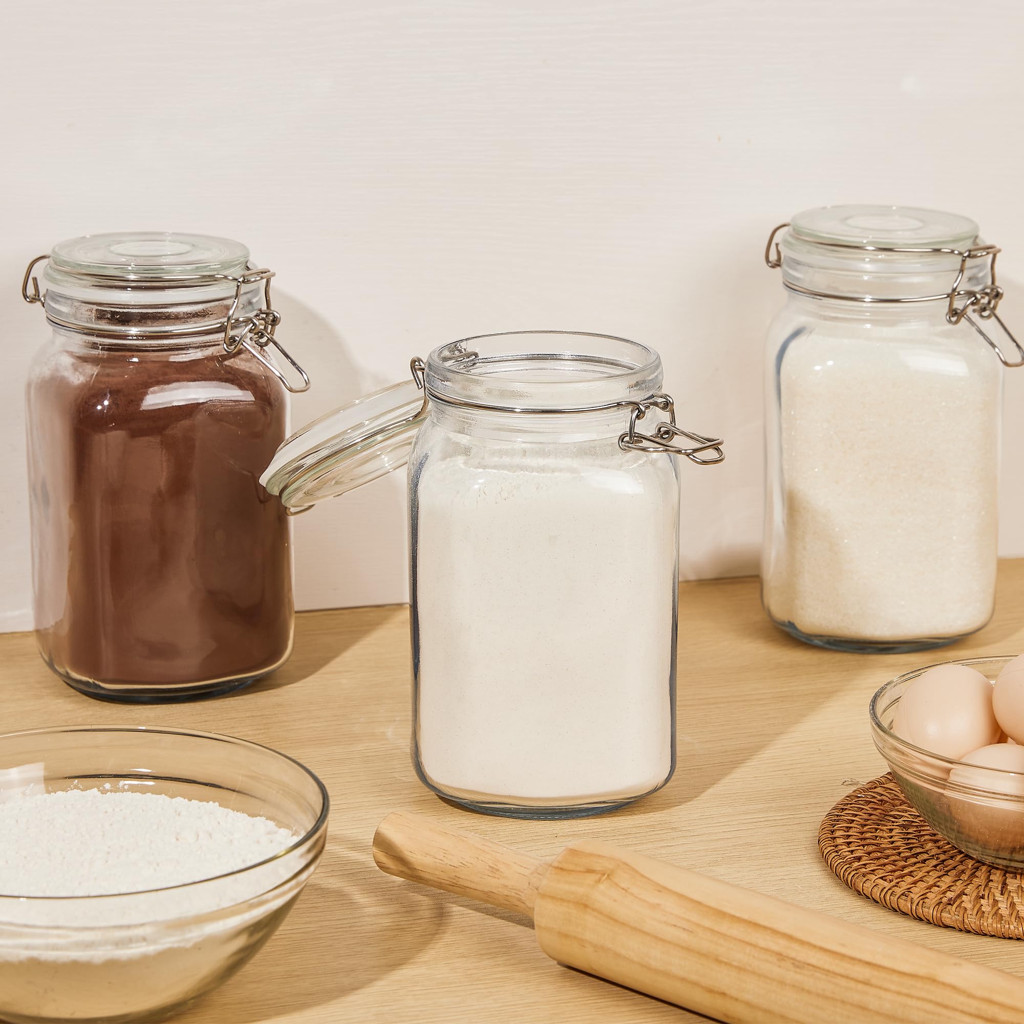 Chefstory 50Oz Airtight Glass Jars With Lids, 3 Pcs Food Storage Canister For Kitchen & Pantry Organization, Square Mason Jar Co