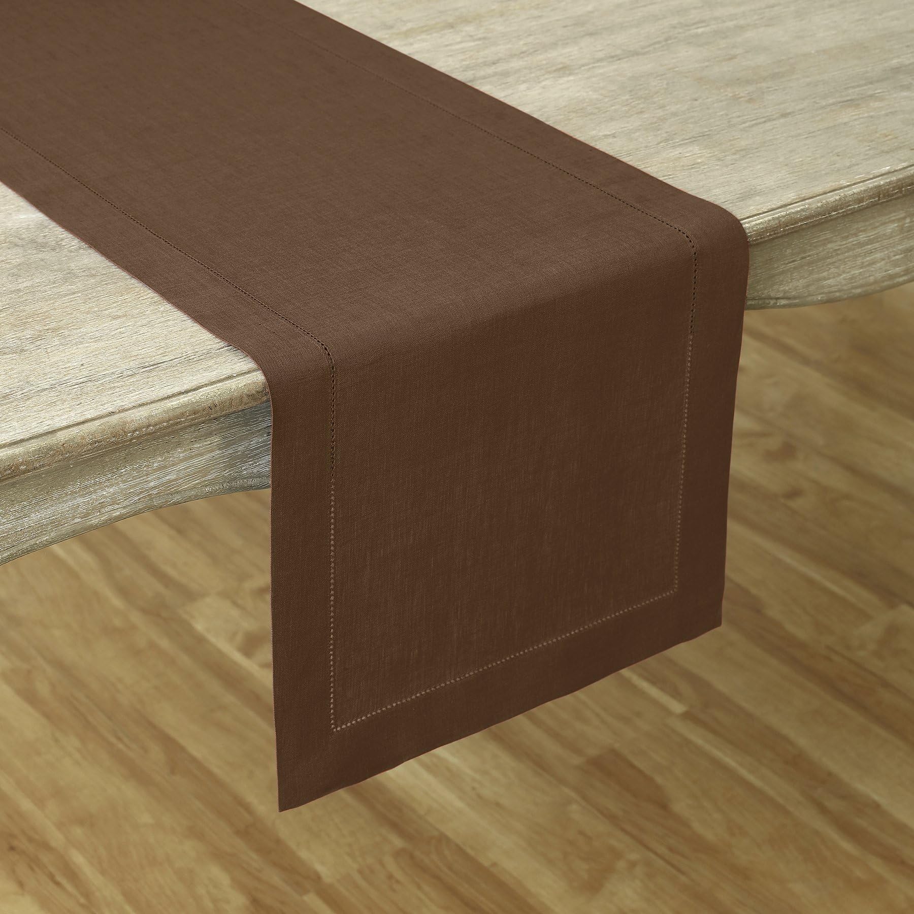 Solino Home Linen Brown Table Runner 48 Inch - 100% Pure Linen Classic Hemstitch Short Table Runner 14 X 48 Inch Ideal For Dress