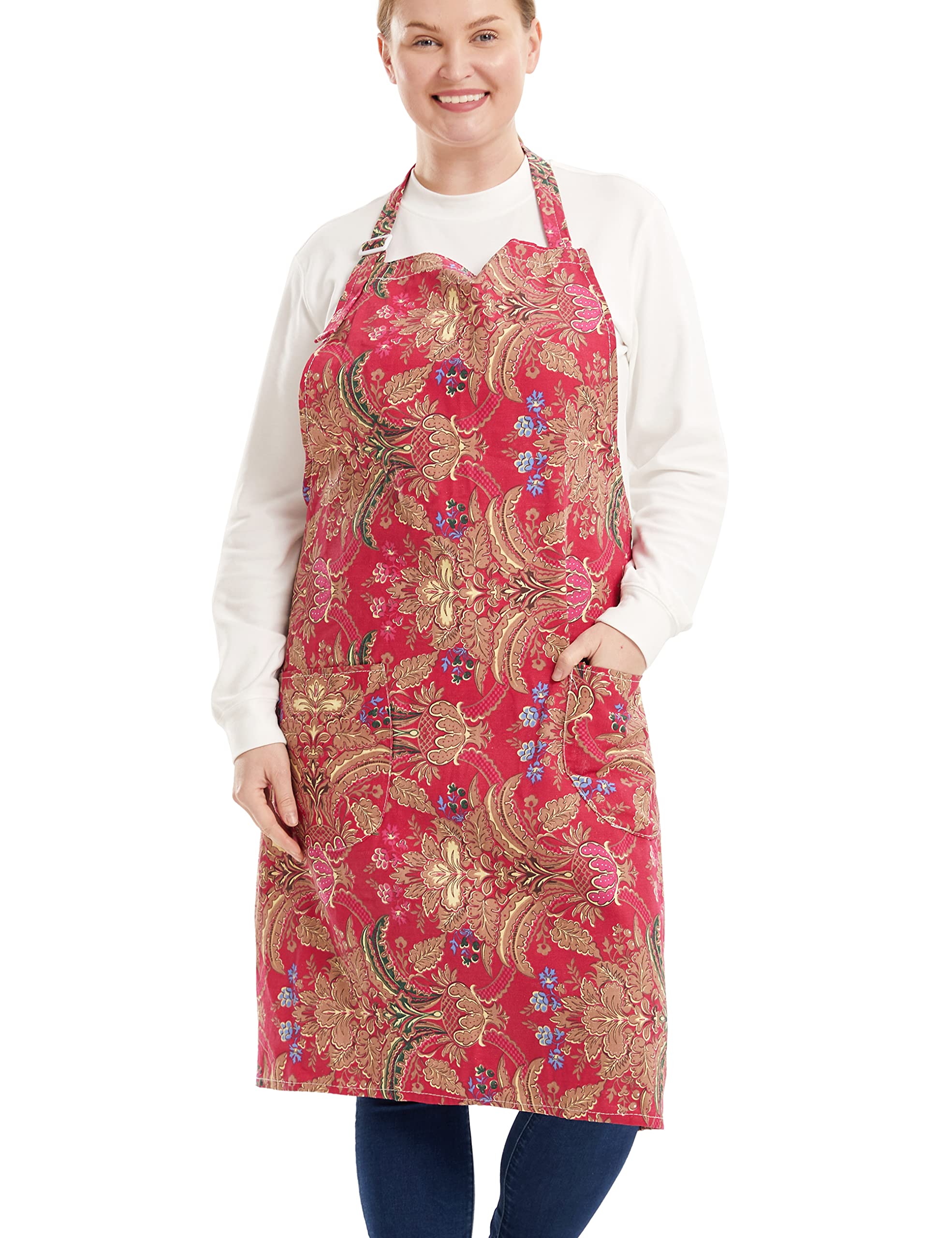 Apronner Cotton Linen Baking Plus Size Aprons For Women With Pockets Kitchen Cooking Red Pomegranate