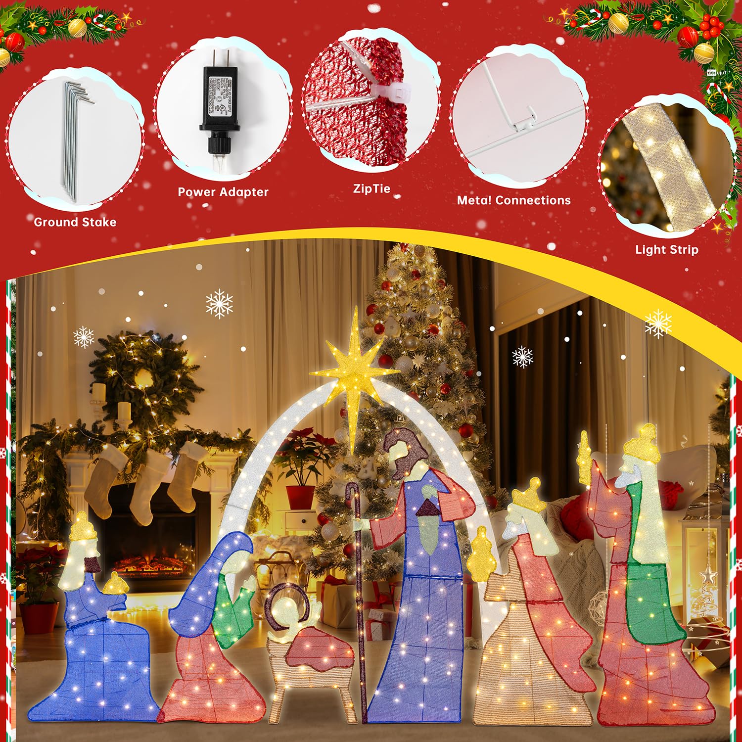 Meilocar 6 FT Christmas Outdoor Nativity Scene Set, 7pcs Weatherproof Holy Family Outdoor Decorations Nativity Set for Christmas
