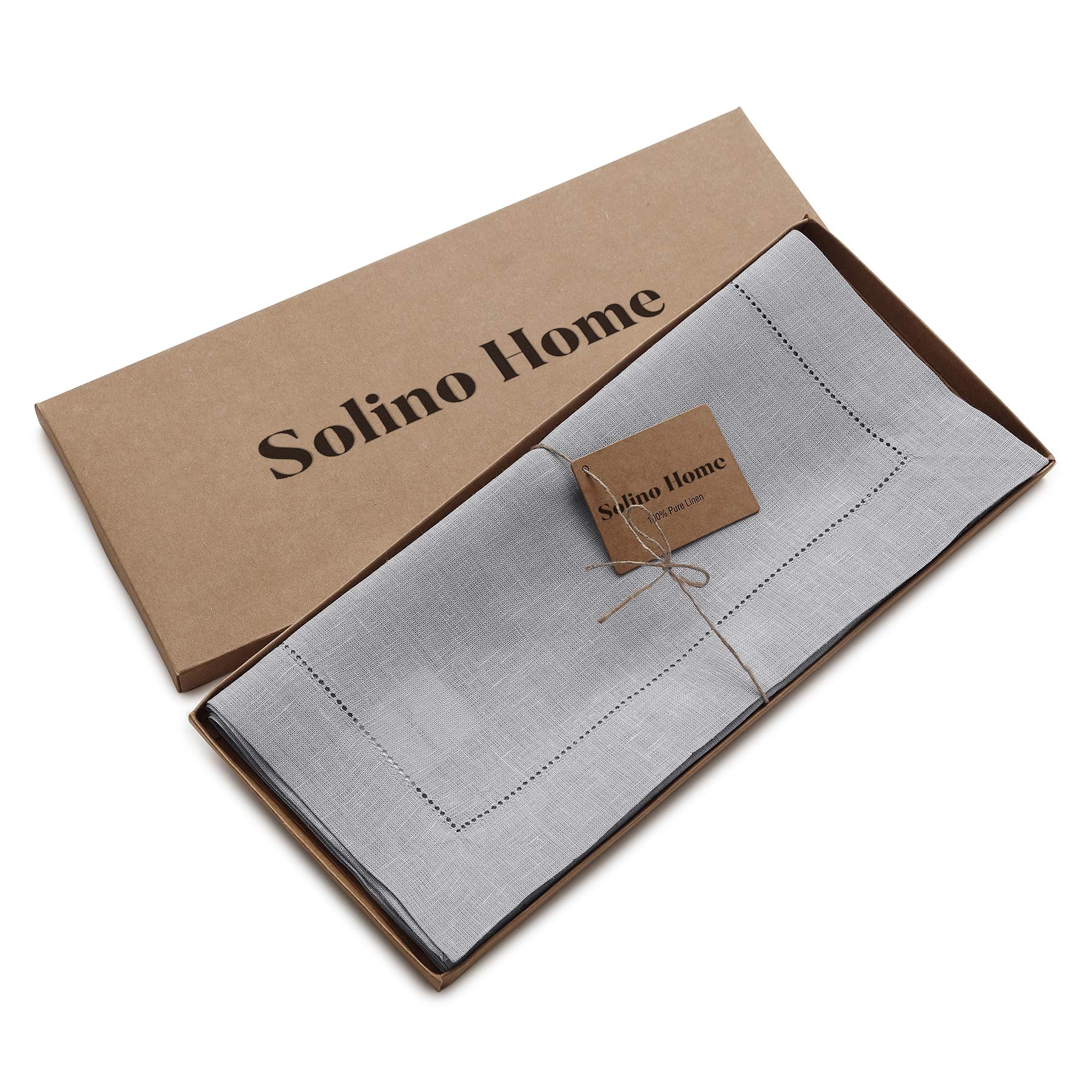 Solino Home Soft Grey Linen Table Runner 132 Inches Long - 100% Pure Linen Classic Hemstitch Table Runner 14 X 132 Inch - Machin