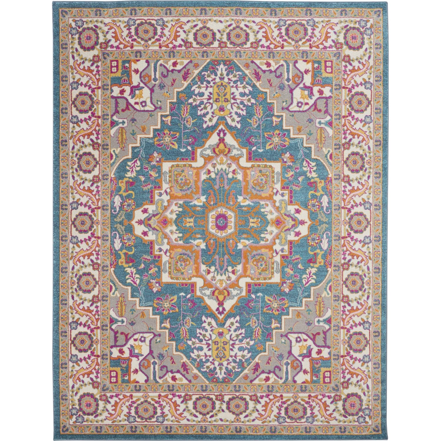 Nourison Passion Bohemian Teal Multicolor 9 x 12 Area -Rug, Easy -Cleaning, Non Shedding, Bed Room, Living Room, Dining Room, 