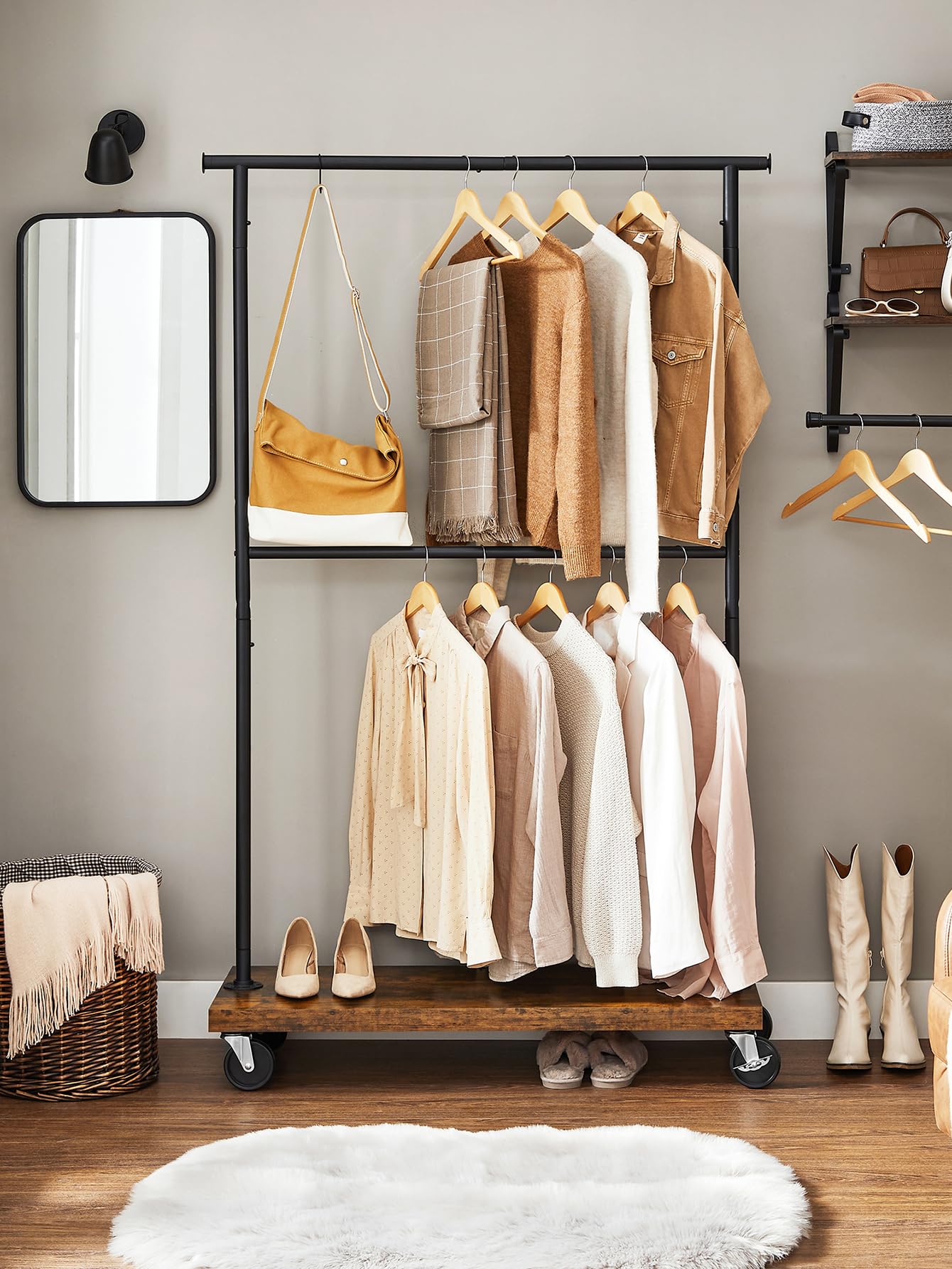 Vasagle Clothes Rack, Clothing Rack With Wheels, 43.3-66.9 Inch Extendable Bar, Height-Adjustable Garment Rack, 332 Lb Load, 2 B