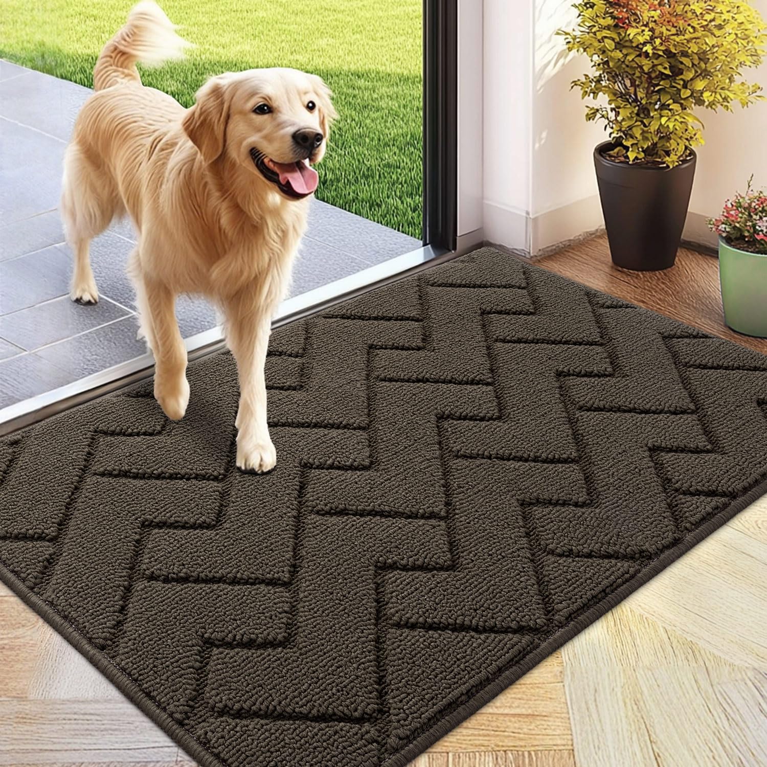 hicorfe Indoor Doormat Front Back Door Mat Rubber Backing Non Slip Door Mats 24''x35'' Absorbent Resist Dirt Entrance Doormat Inside Floor Mats for Entryway Washable Low-Profile(Latte)