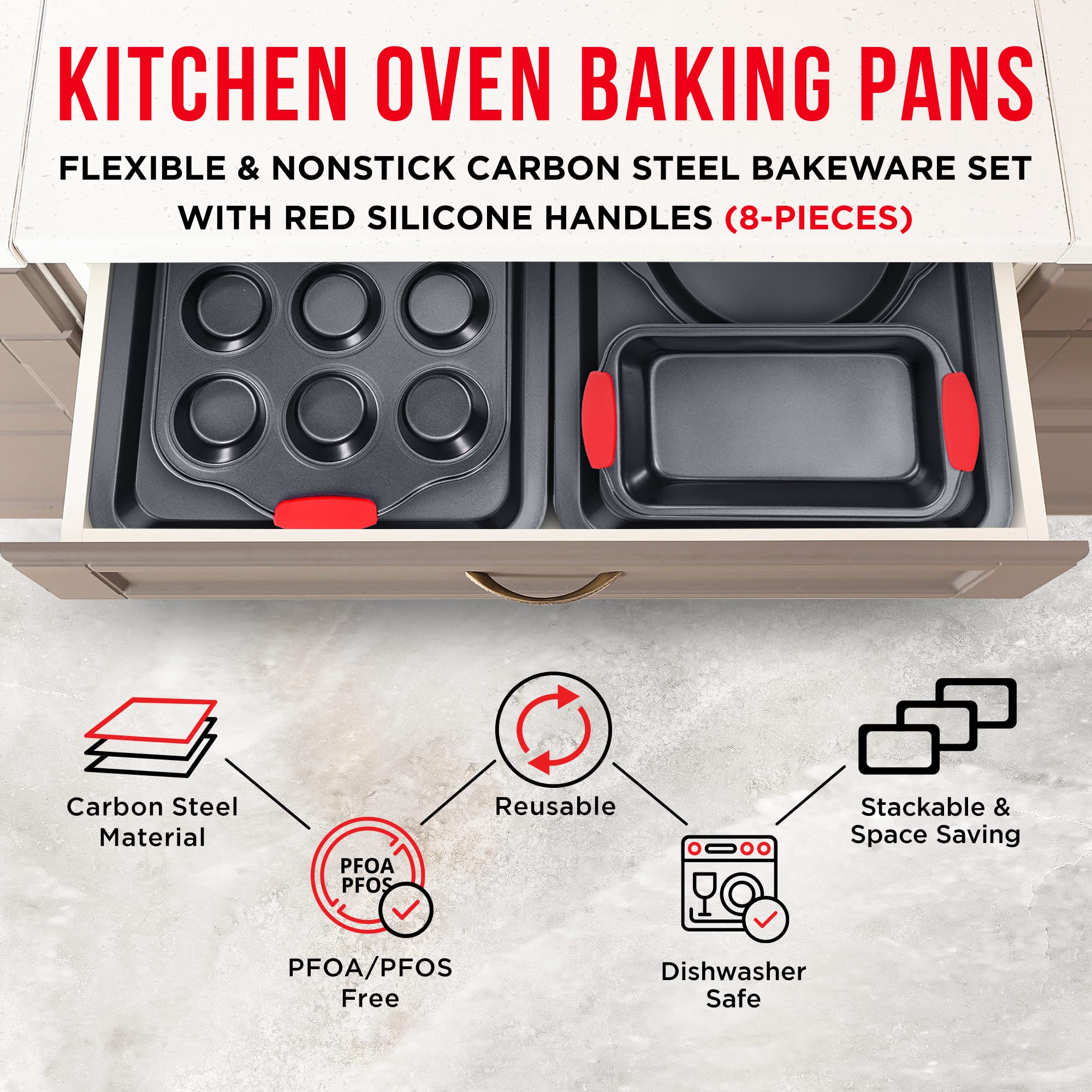 Bakkenmaster Baking Set - 8 Piece Kitchen Oven Bakeware Set - Deluxe Non-Stick Black Coating Inside And Outside - Carbon Steel -