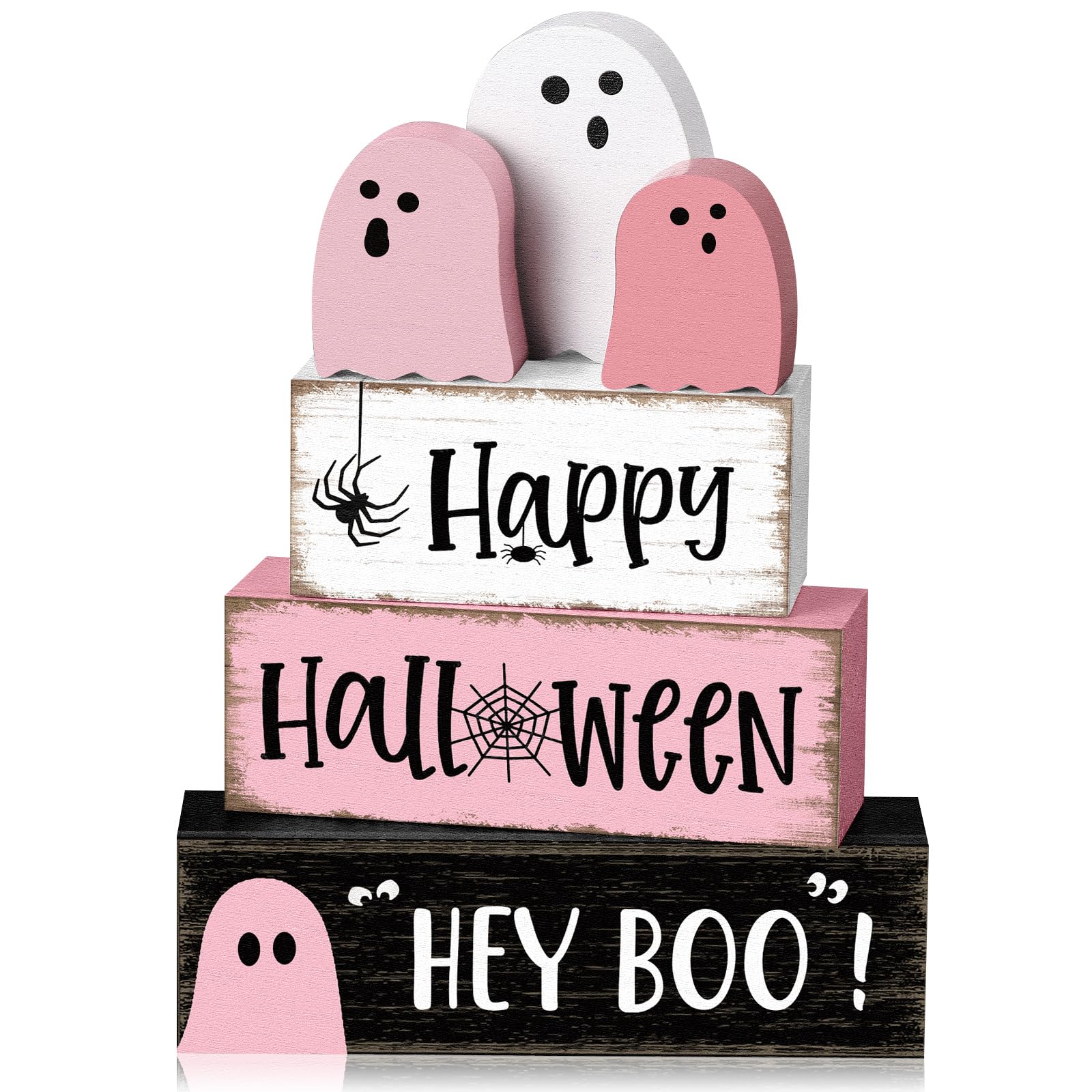 Yuntau 6 Pcs Pink Ghost Halloween Decorations Indoor Pastel Pink Ghost Table Decor Wooden Signs Cute Blocks Rustic Halloween Tie