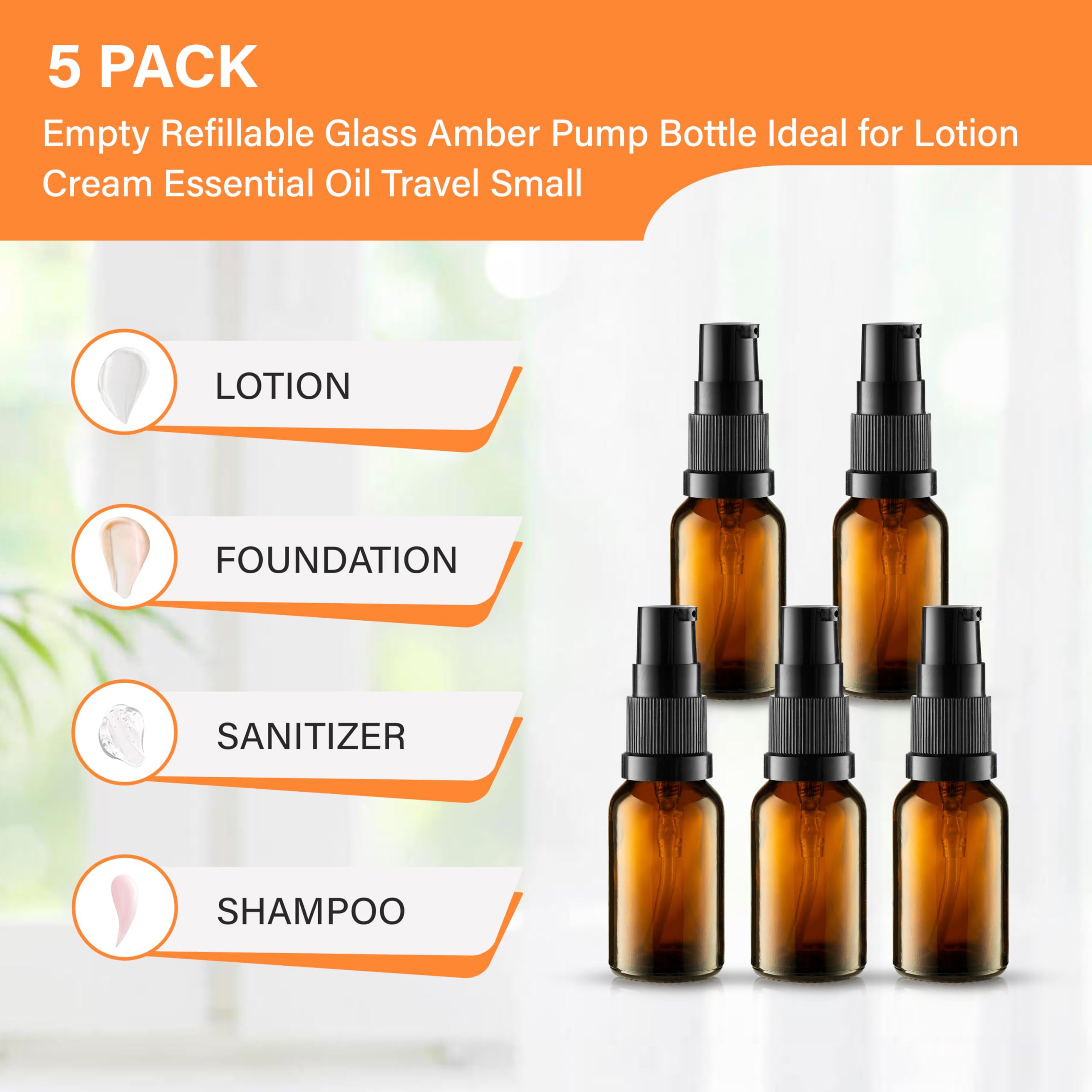Vitalup 5 Pack Empty Refillable Glass Amber Pump Bottle Ideal For Lotion Cream Essential Oil Travel Small Container,15Ml