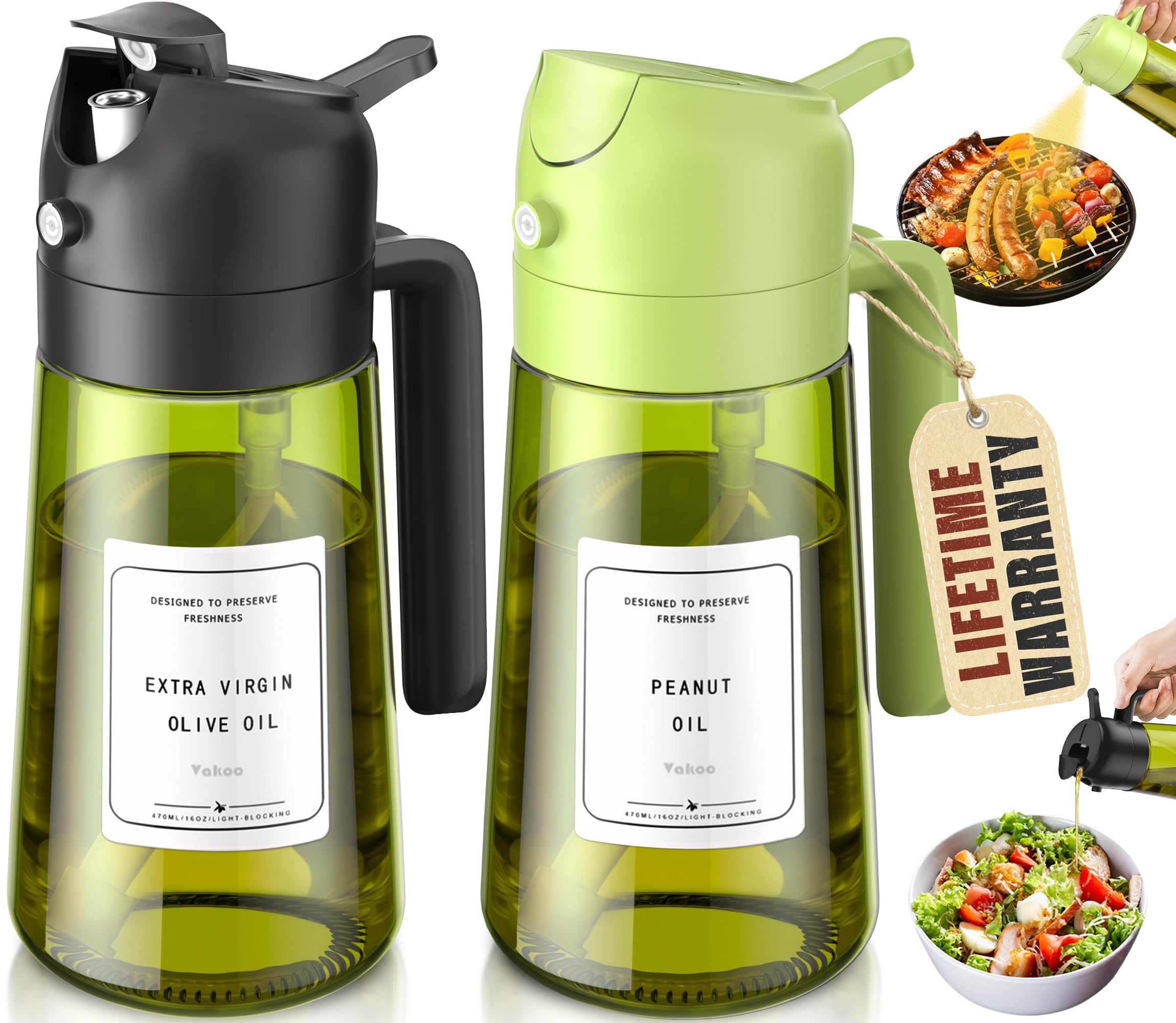 Vakoo 2 in 1 Oil Sprayer and Oil Dispenser for Kitchen - 16oz/470ml Light-Blocking Dark Glass Olive Oil Spray Bottle for Cooking