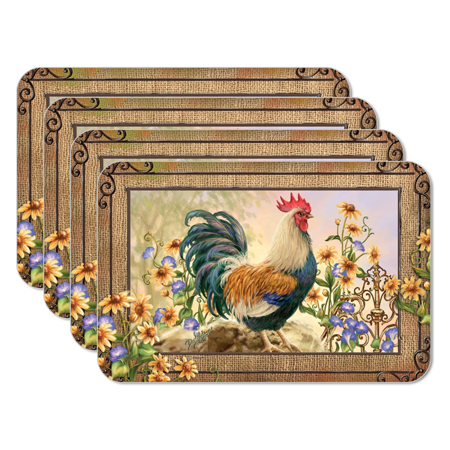 Counterart Country Charm Rooster 4 Pack Reversible Easy Care Flexible Plastic Placemats Made In The Usa Bpa Free Pvc Free Easily