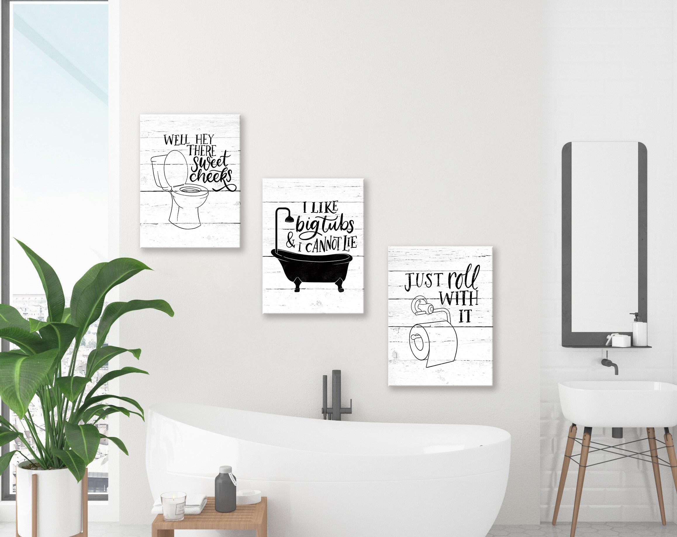 Funny Bathroom Canvas Wall Art Black And White Toilet Bathtub Bath Set Poster Print 3 Pieces Bathroom Quotes Painting Retro Wood