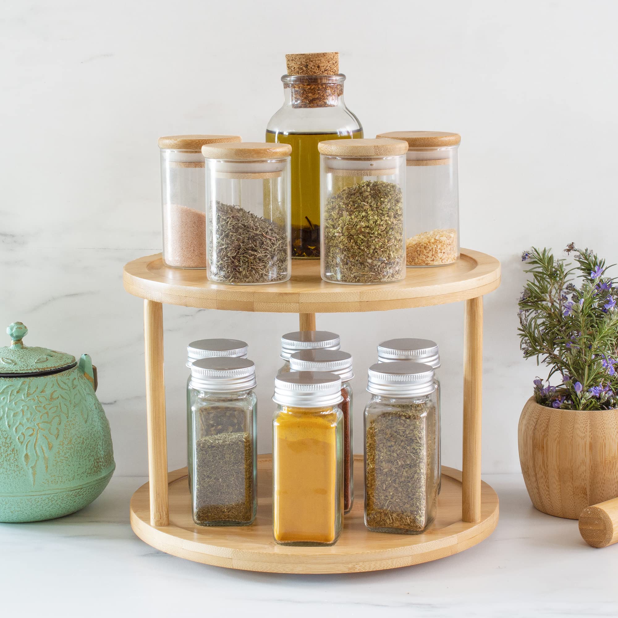 Tb Home Two-Tier Bamboo Wood Lazy Susan Organizer Kitchen Turntable For Cabinet, Table Or Pantry Organization