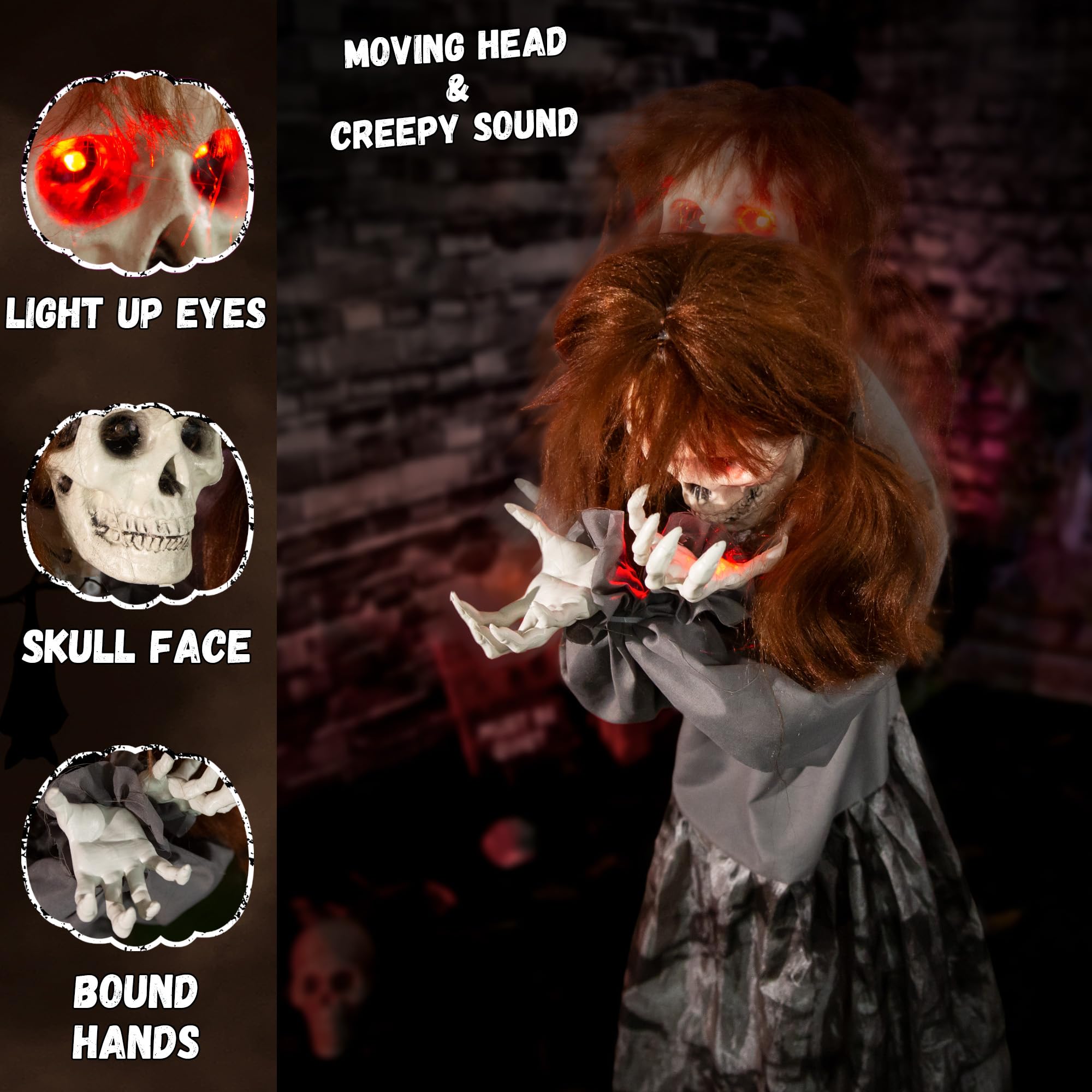 Halloween Animatronics 4ft Spooky Doll Animated 48inch Decorations with Sound Activated, Creepy Sound, Light Up Eyes, Jumpscare,