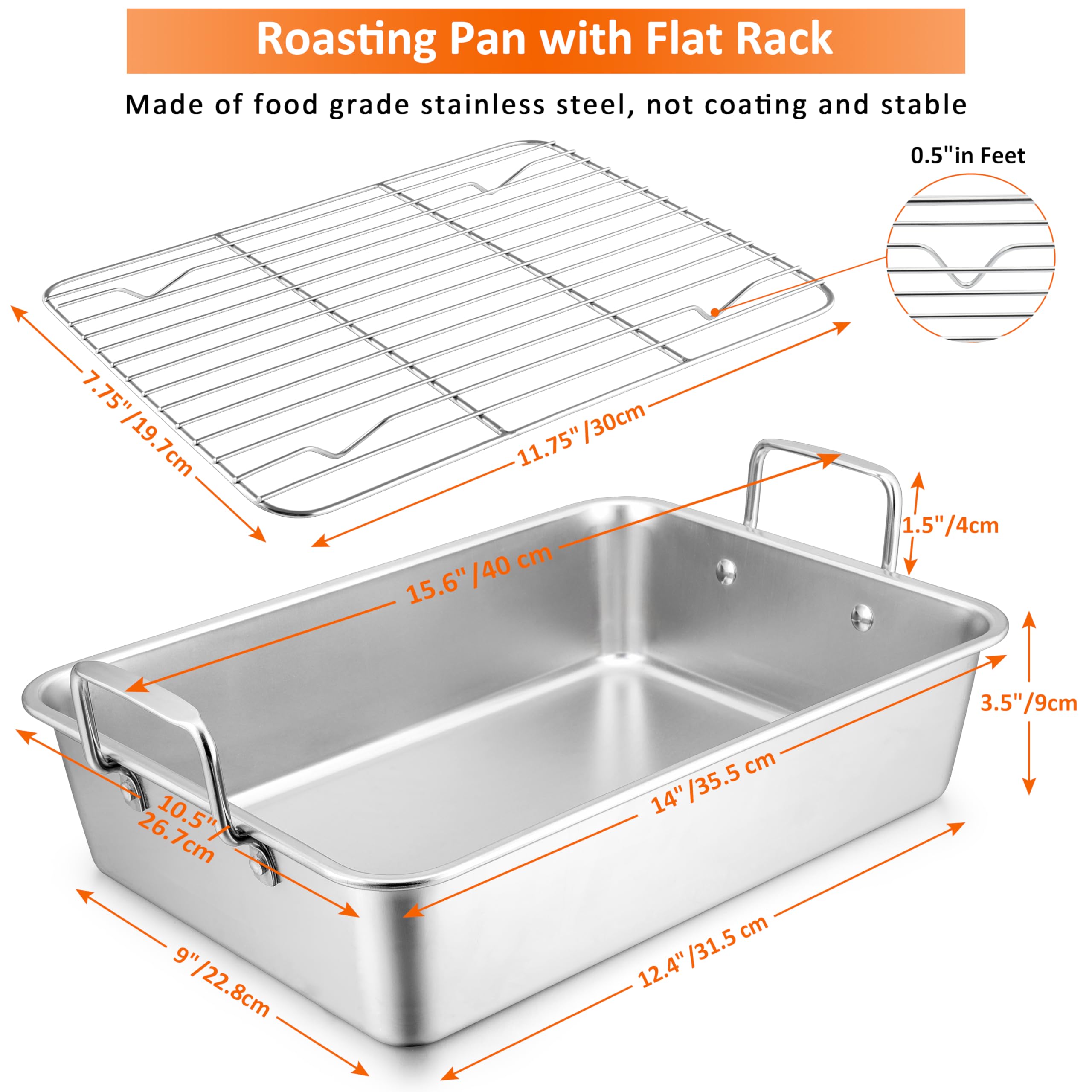 Leonyo Roasting Pan With Rack, 14 Inch Turkey Roasting Pan & Cooling Rack, Stainless Steel Baking Pans Non Stick Roaster Pan Wit