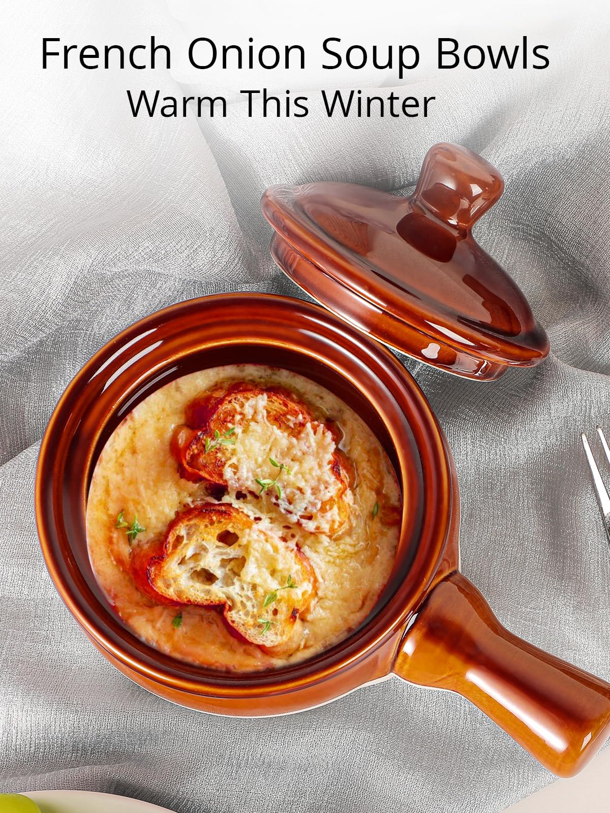 Lifver 18 Oz French Onion Soup Bowls & Crocks Set Of 4 - Ceramic Bowls With Handle And Lid For For Soup, Stew, Chilli - Oven & D