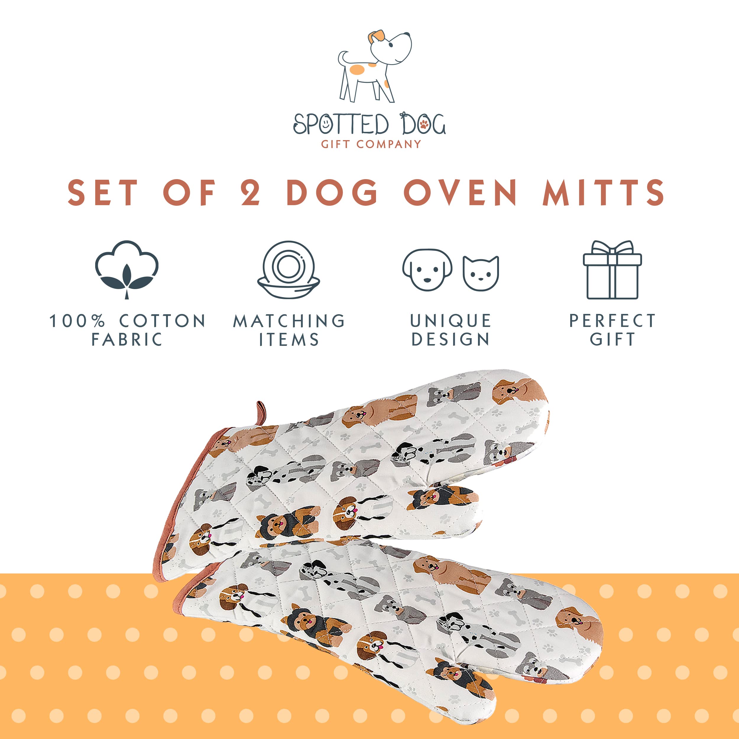 Spotted Dog Gift Company Dog Oven Mitts, Heat Resistant Oven Gloves Set 2 Cute Happy Dogs Themed 100% Cotton Kitchen Accessories