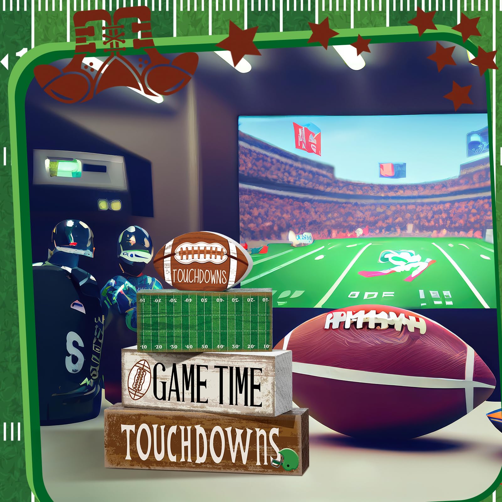 Yuntau 4 Pcs Football Table Decorations Fall Football Tiered Tray Decor Football Wooden Sign Football Centerpiece Decorative Fau