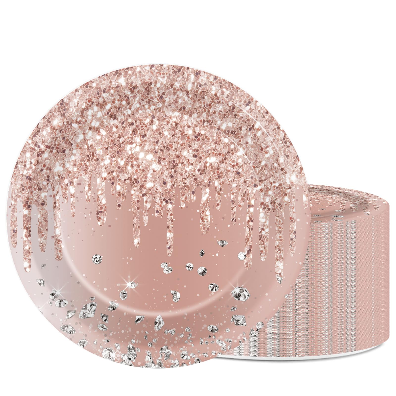 Zoiiwa 48 Pcs Rose Gold Birthday Plates Pink Rose Gold Paper Dinner Dessert Plates For Girls Women Diamond Theme Party Pink Rose