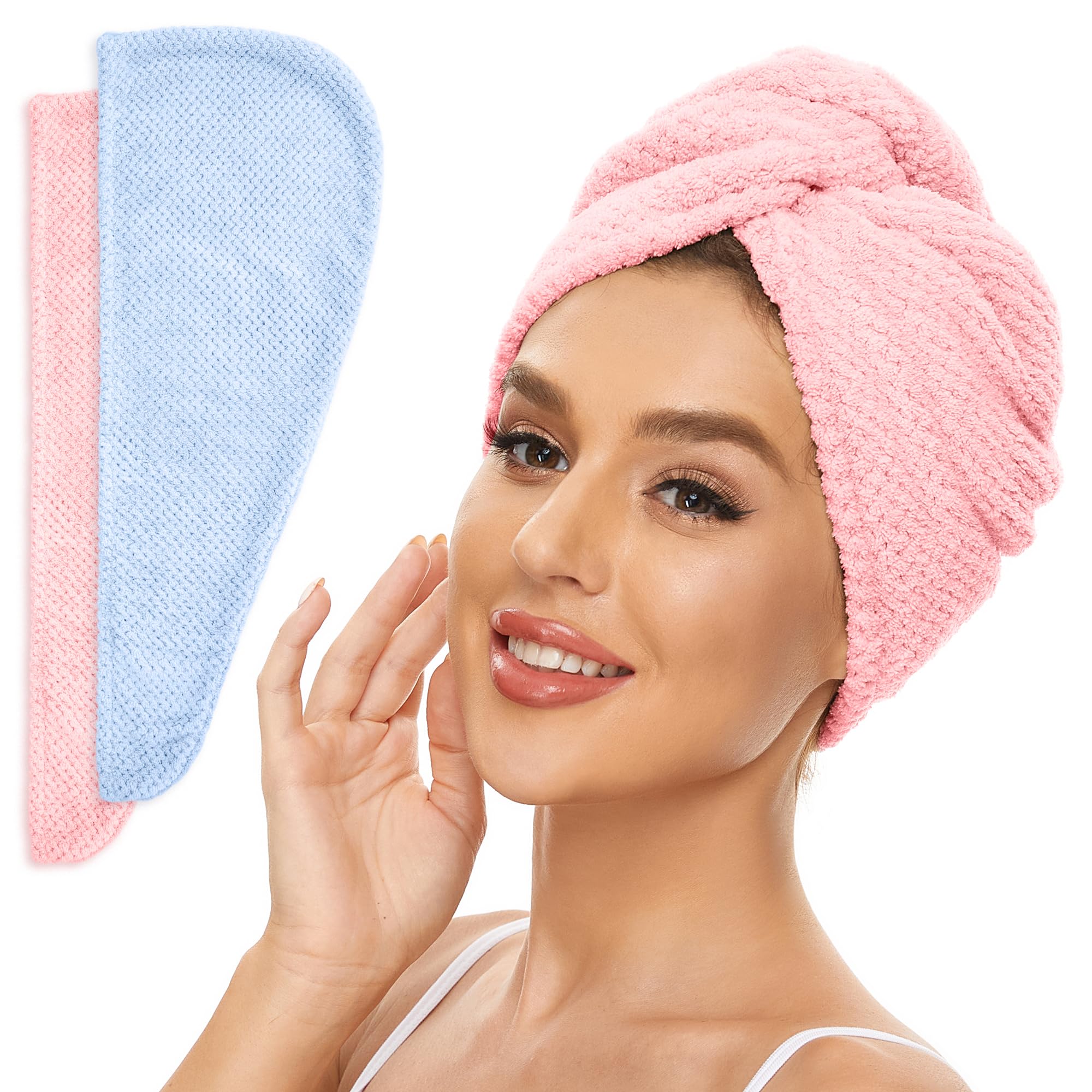 Microfiber Hair Towel for All Hair Style, 2 Pack Quick Drying Hair Turban - Perfect for Women, Men and Kids (Blue+Pink)