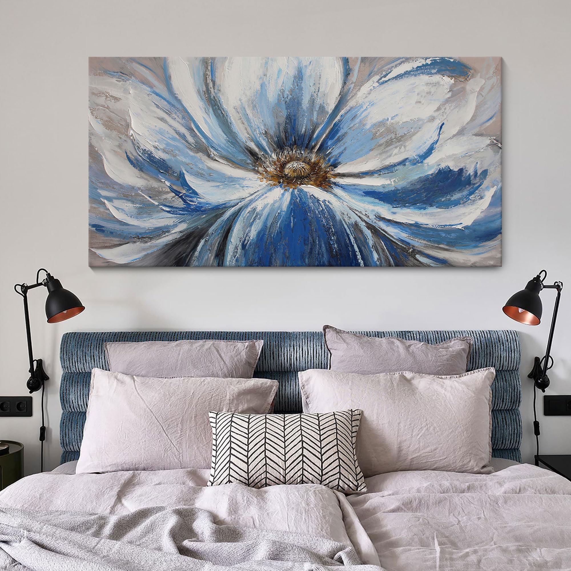 Flower Canvas Wall Art for Living Room Large White Blue Flower Picture Giclee Print Painting Wall Decor Framed Artwork Ready to Hang for Home Bedroom Wall Decoration Size 24x48