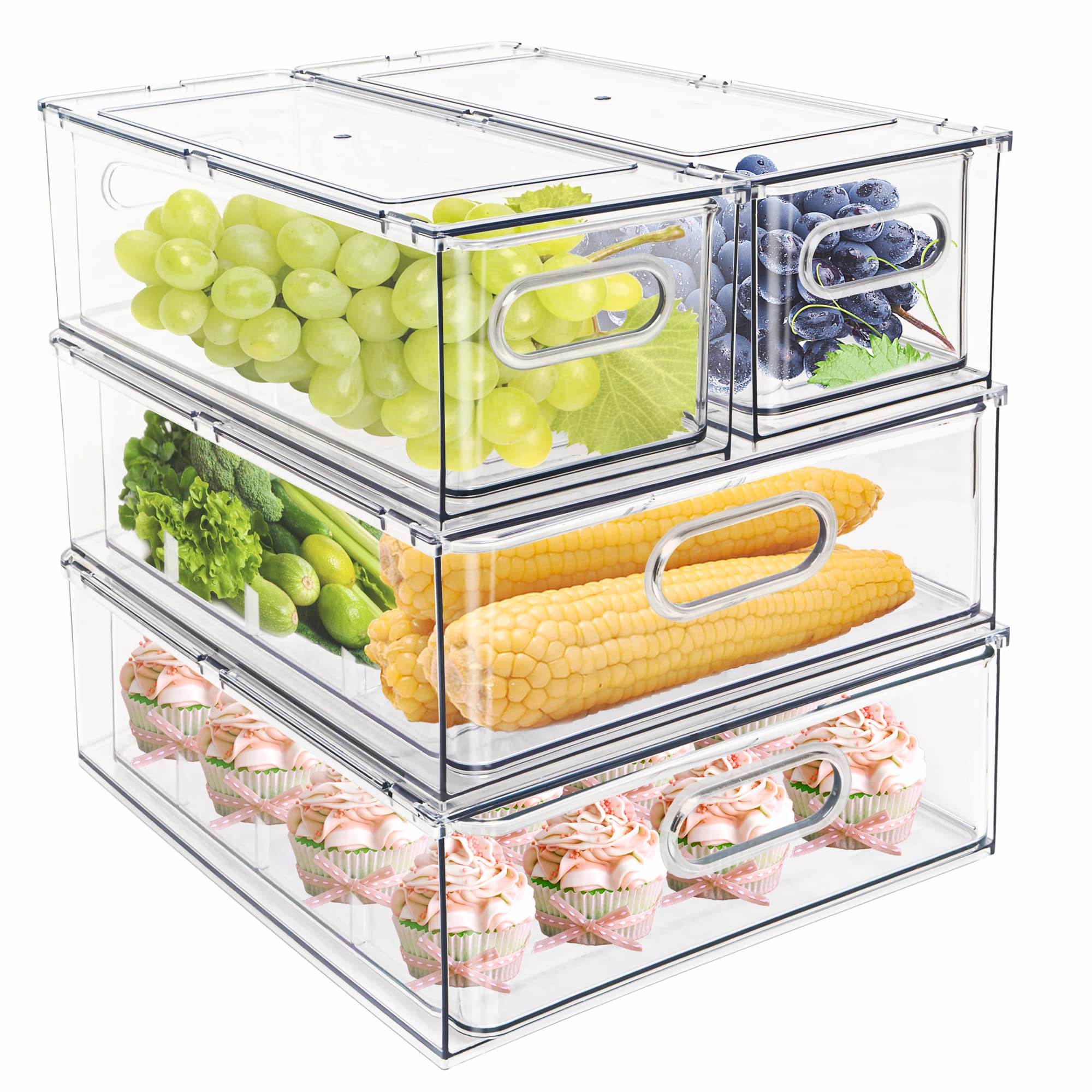 Minesign 4 Pack Stackable Refrigerator Organizer Bins Pull-Out Drawers For Fruit And Veggies Storage Organizer For Fridge Clear
